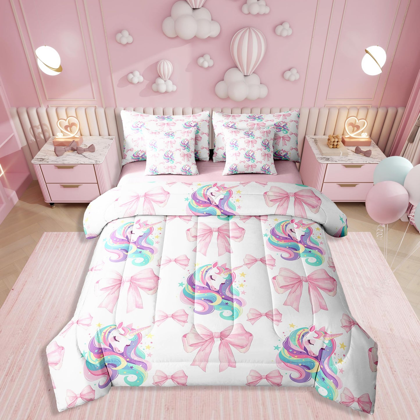 Erosebridal 7 Piece Girls Pink Bowknot King Bedding Set,Kawaii Rainbow Unicorn Kids Comforter Set for Teens,Dreamy Princess Style Quilt,Girly Unicorn Bow Tie Sheet Set with Comforter