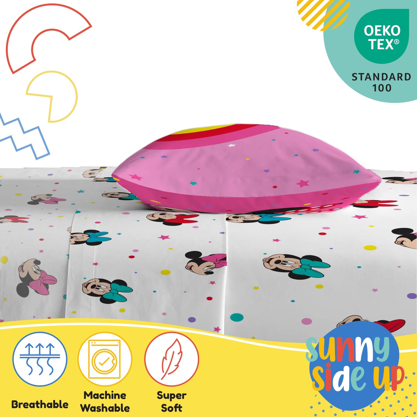 Sunny Side Up Disney Minnie Mouse Twin Sheet Set - 3 Piece Kids Bedding Set Includes Pillow Cover - Super Soft Rainbow Dots Microfiber Sheets