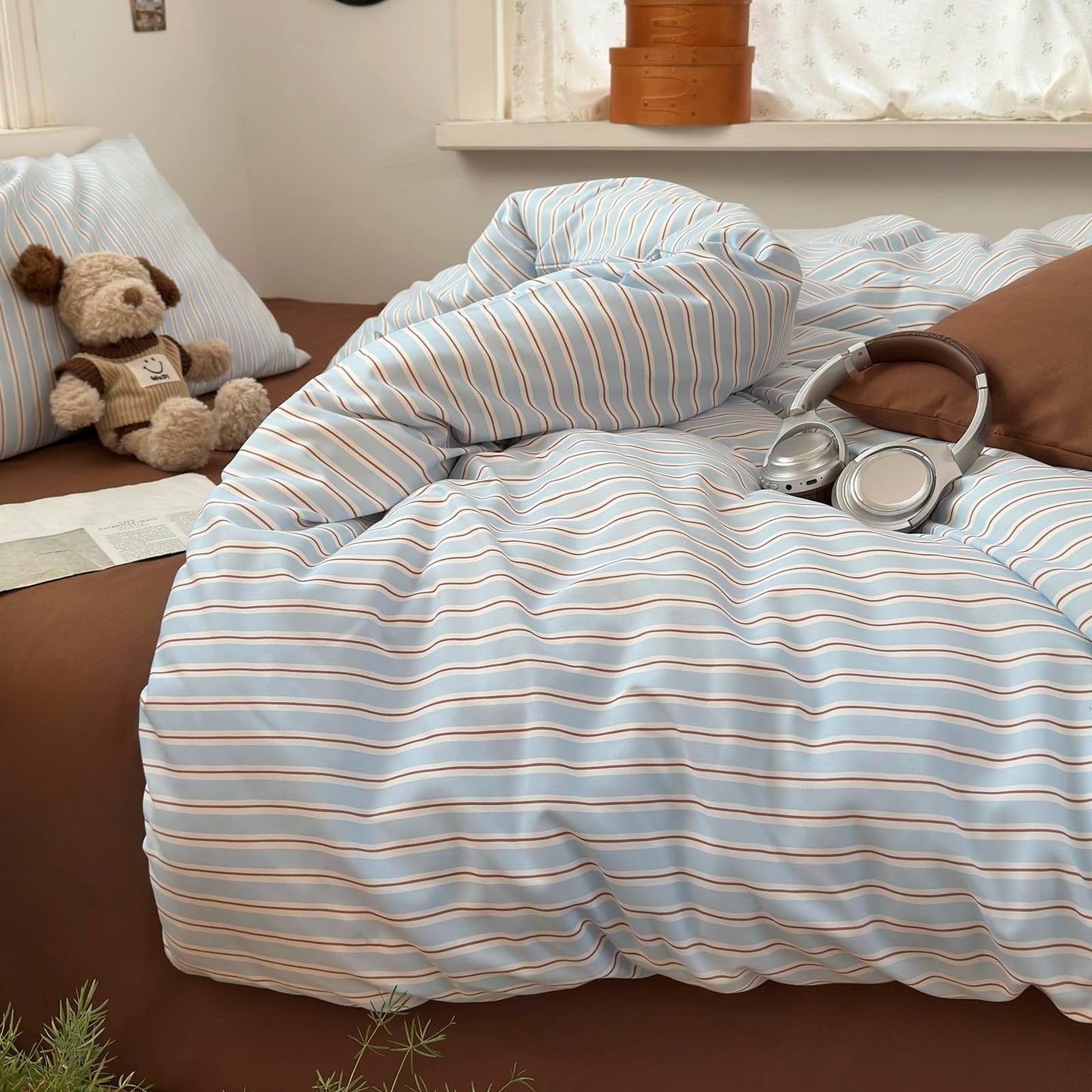 VM VOUGEMARKET Blue Brown Striped Duvet Cover Set Queen Size,Casual Stripe Bedding Set for Teens,Soft Microfiber Comforter Cover for Modern Bedroom,90"x90"