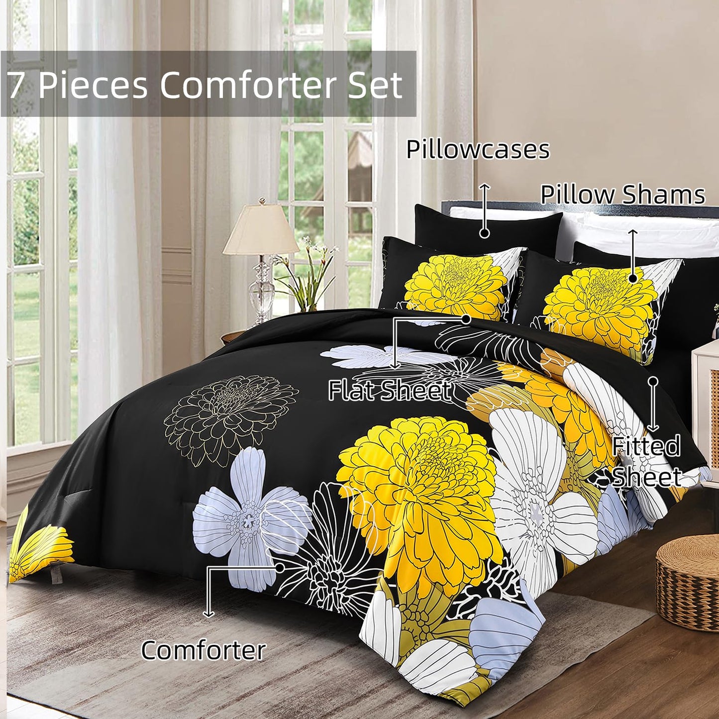 Yiran Bed in a Bag Queen Yellow Black Comforter Set 7 Pieces Soft Microfiber Floral Boho Bedding Set with 1 Comforter 1 Flat Sheet 1 Fitted Sheet 2 Pillowshams 2 Pillowcases