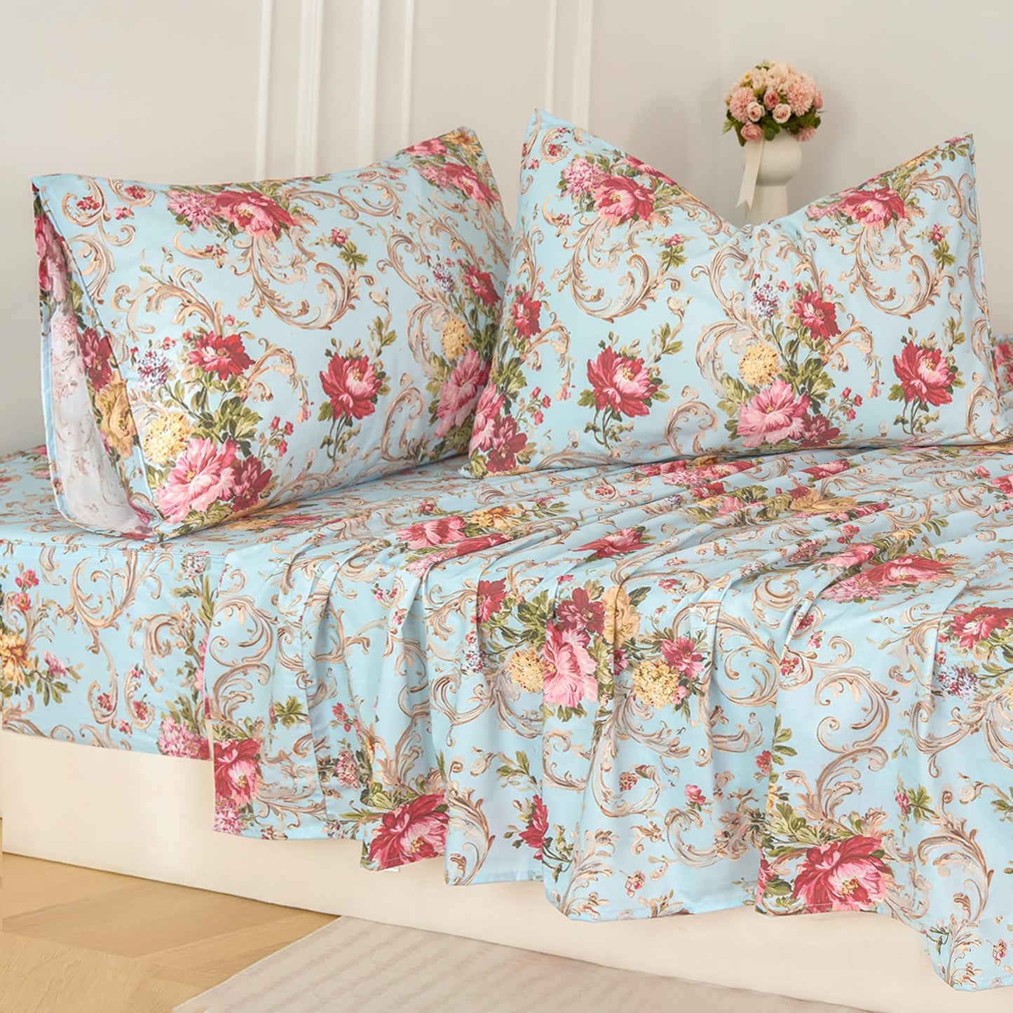 Zusbest Queen Sheet Set Blue Red Floral Bed Sheets 100% Cotton, Luxury Premium Bedding Breathable for Hot Sleepers American Country Style Shabby Vintage Flower Deep Pocket Bed Set 17.5‘’ 4Pcs
