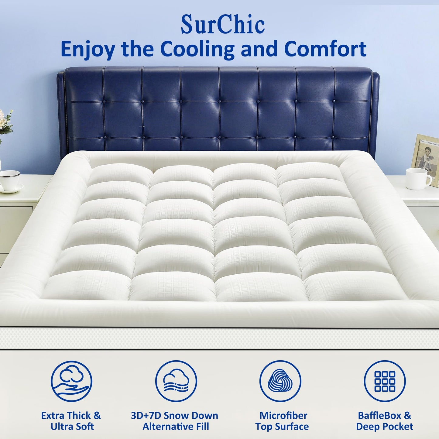 SurChic Full Size Mattress Topper for Back Pain, Extra Thick Pillow Top Mattress Pad with 1000GSM Down Alternative Filling, Cooling Breathable Plush Bed Topper Protector Cover (8-21" Deep Pocket)