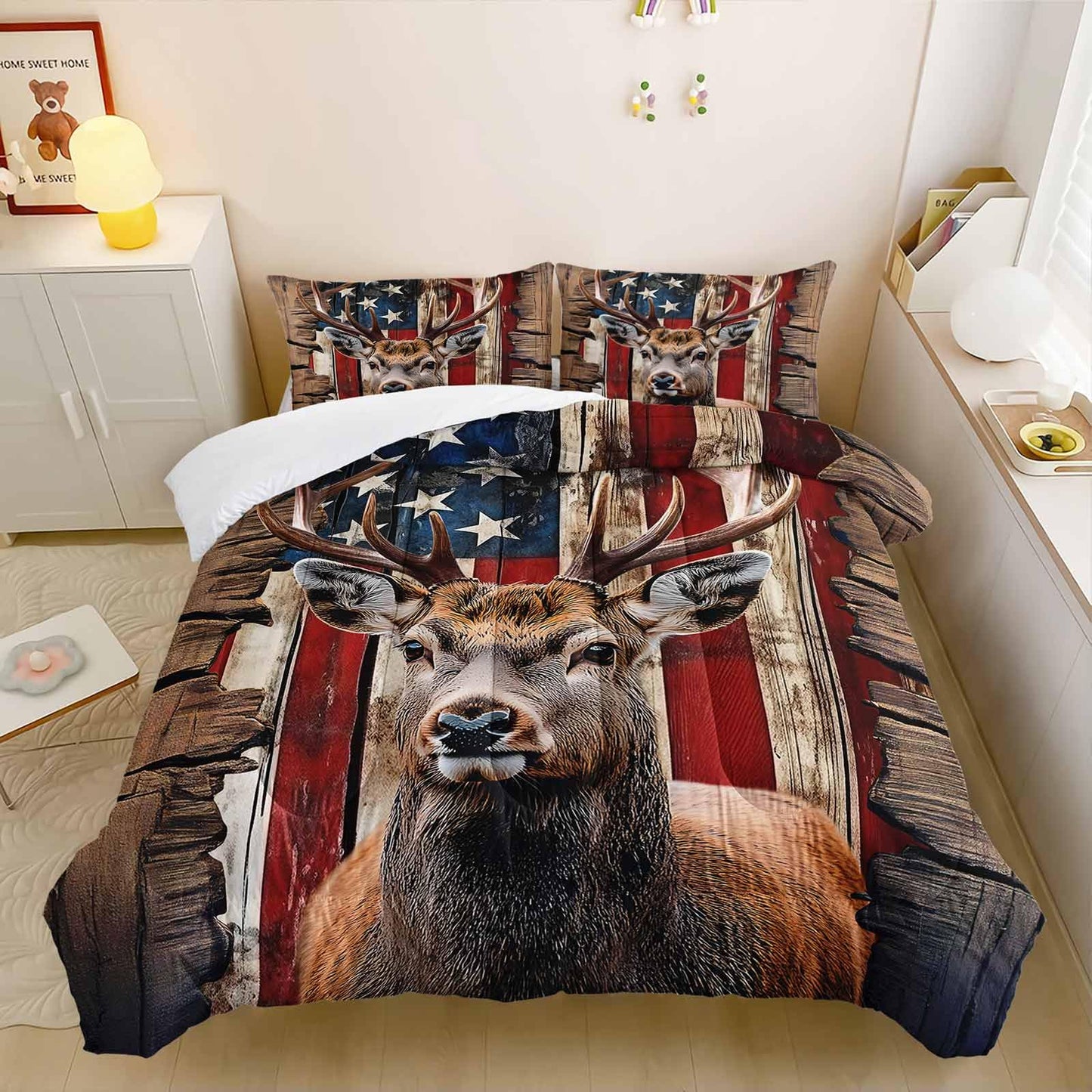 Nttopship Deer Hunting Comforter Sets Twin Size,American Flag Bedding Set 3 Piece for Girls Women Teens Adult Kids Boys,Woodland Moose Wildlife Room Decor Comforter Set with 2 Pillowcases