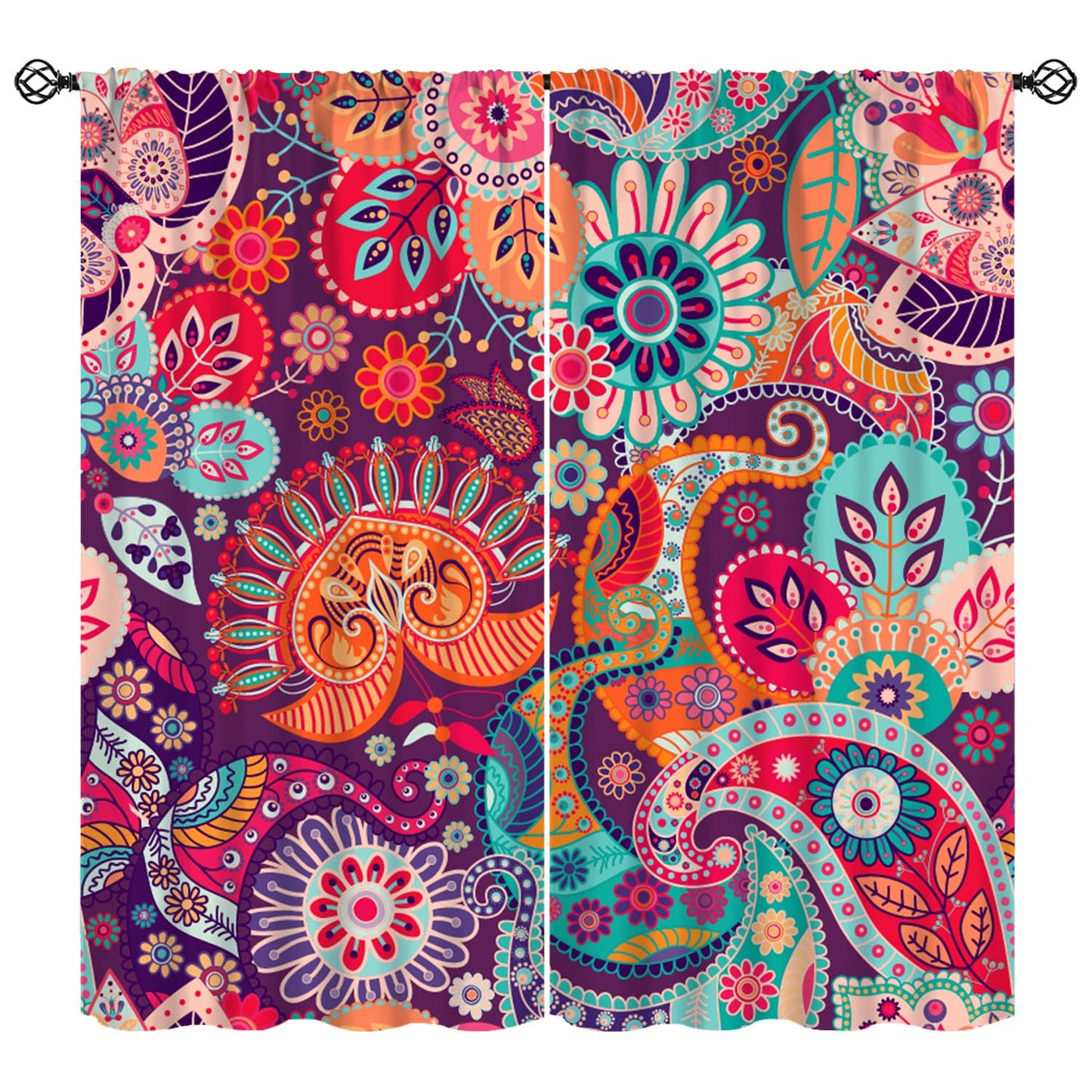 Djaby Boho Paisley Floral Curtains, Mandala Indian Bohemian Colorful Flowers Print Window Curtain for Bedroom Living Room Home 42" W X 45" L(No Blackout)