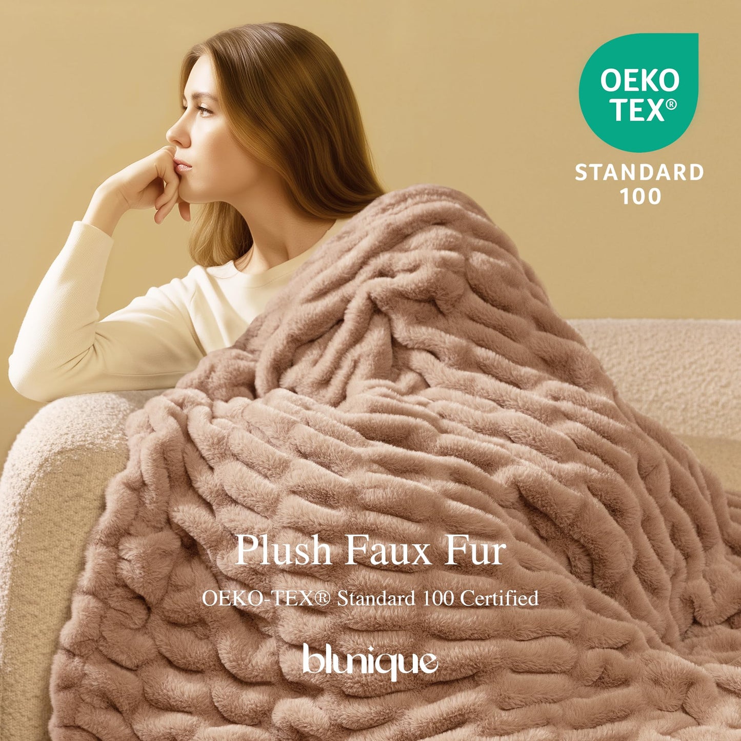 blunique Faux Rabbit Fur Throw Blanket, Soft Plush Cozy Blanket for Couch Bed, Thick Fluffy Ruched Decorative Blanket, Giftable,50"x60",Light Brown