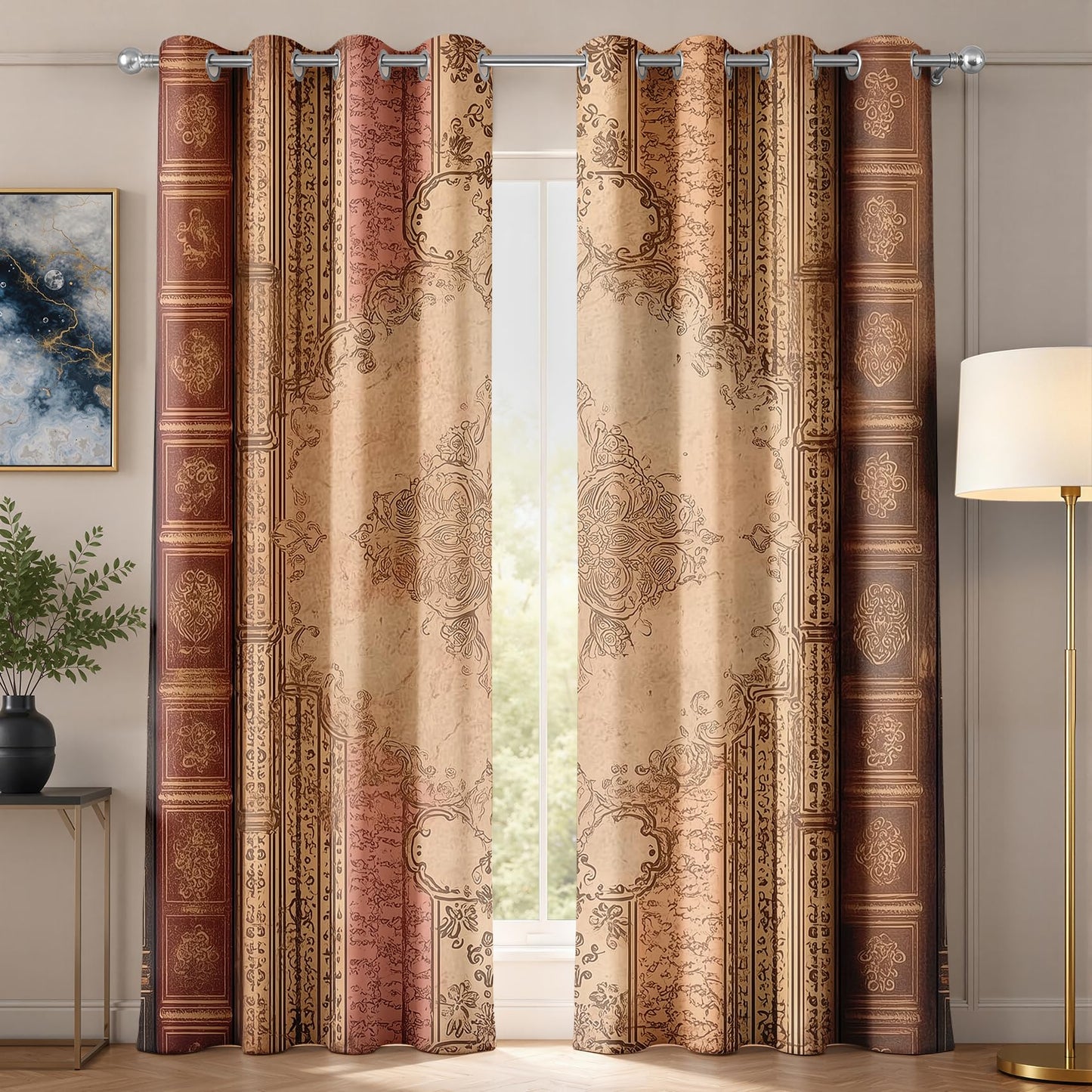 Damask Curtains 63 Inch Length 2 Panels Set, Vintage Antique Book Spine Baroque Floral Patterned Blackout Curtains for Kitchen, Thermal Insulated Room Darkening Grommet Drapes