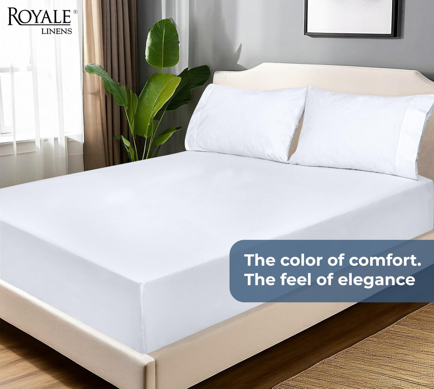 Royale Linens 100% Organic Cotton Fitted Sheet - Percale Weave - Super Soft Deep Pocket Bottom Sheets - White Elastic Sheet Full Size - Full Fitted Sheets Only - (54"x75"+15", White)