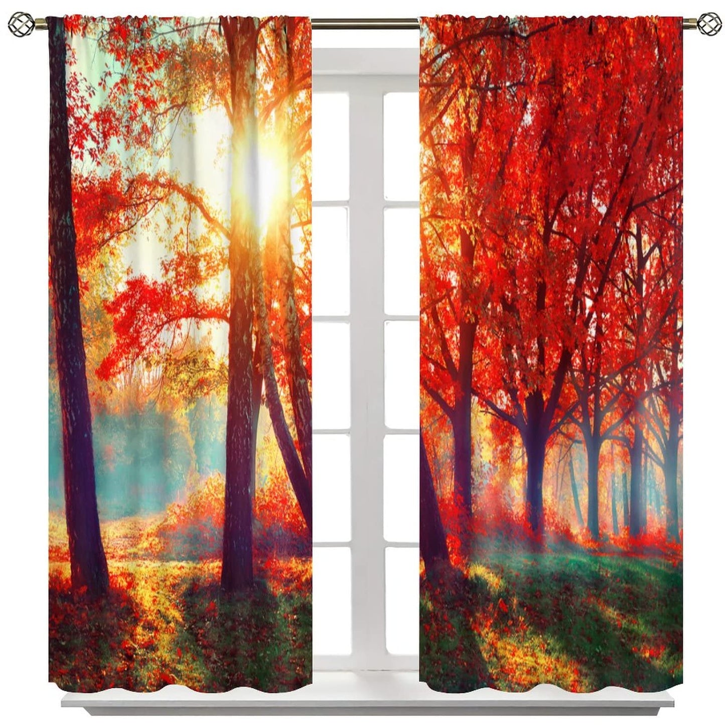 Tree Curtains - Autumn Foggy Park Autumn Nature Scenery Forest Maple Tree Sunshine, Living Room Bedroom Kitchen Decorative Curtains 2 Sets Panel, 42x45 Inch. Orange Yellow