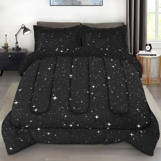 Pamnest Comforter Set Queen Size, Space Starry White Soft 3 Pcs Bedding for Kids and Adults, Star Sky Black Comforter Set with 2 Pillowcases, for Bedroom Bed Decor