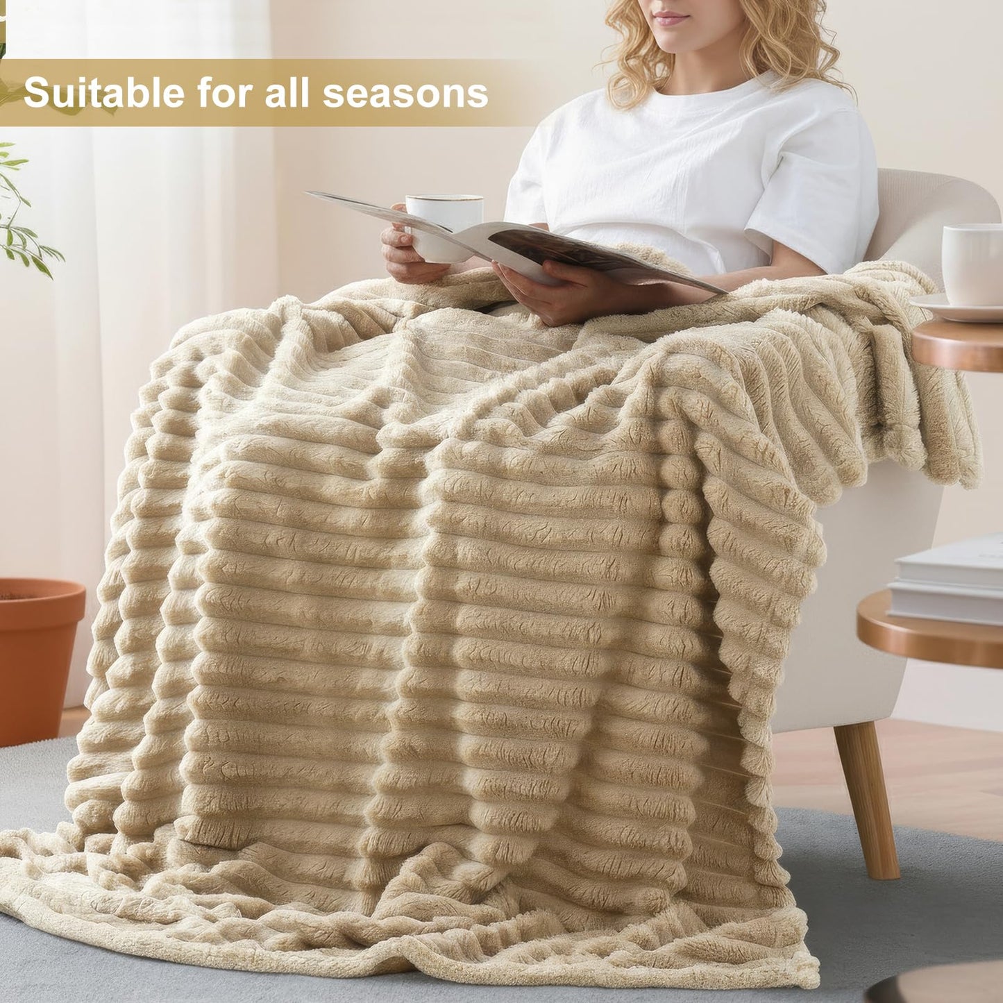 decorUhome Soft Fleece Light Brown Throw Blanket for Couch, Cozy Fluffy Plush Flannel Striped Blanket for Sofa Bed, Lightweight Decorative Ribbed Fuzzy Blanket for Woman, 50x60 Inches