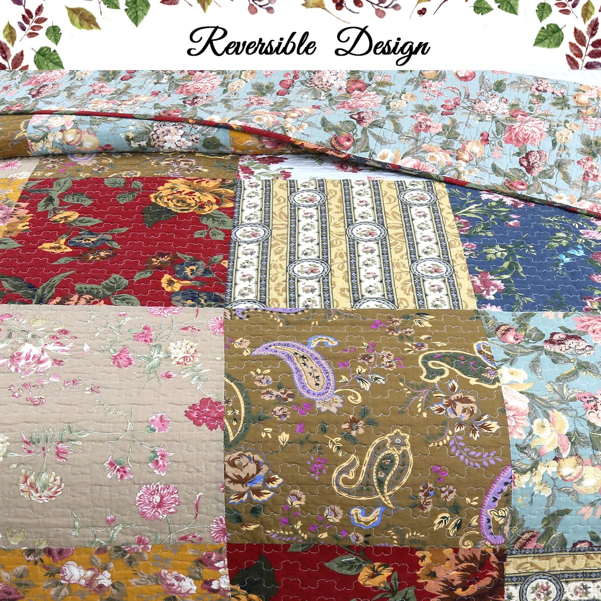Cozy Line Home Fashions 100% Cotton Hand Piecing Real Patchwork Floral Plaid Country Farmhouse Reversible Quilt Bedding Set Coverlet Bedspread for All Seasons (Khaki Red, King - 3 Piece)