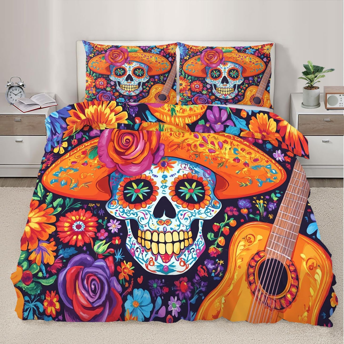 PAISUOQ Sugar Skull Duvet Cover King Size, Mexican Skull Bedding Set, 3 Piece, Soft Microfiber Patterned Comforter Cover with Zipper Ties & 2 Pillowcase, Gothic Hippie Bedroom Decor & Gifts