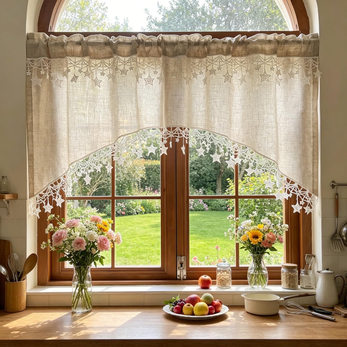 Boho Style Arched Linen Cafe Curtain Valance with Stars Trim Elegant Linen Swag Doorway Curtain Tier for Kitchen Bathroom Bedroom Rod Pocket Top 1 Panel (W39 x L25.5 inch,Beige)