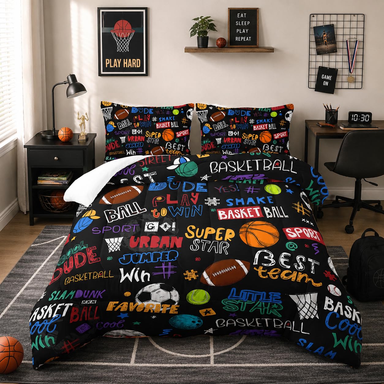 Nttopship Sports Ball Twin Comforter Set,Football Rugby Basketball Bedding Set for Kids Boys Girls Youth Ball Sports Themed Bedroom Decor Bedding Set 3 Pcs Bed in A Bag (1 Comforter, 2 Pillow Case)