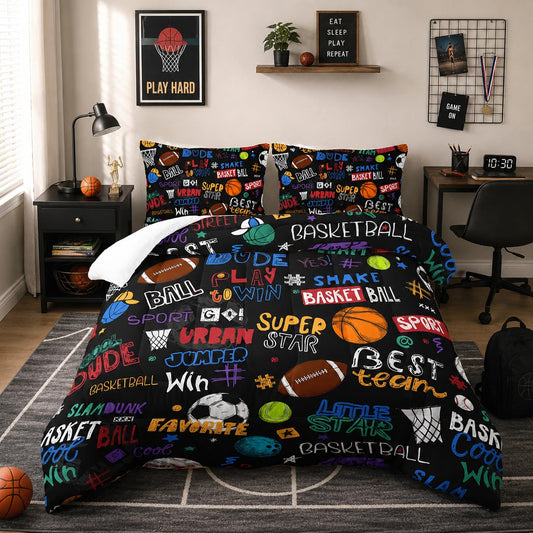 Nttopship Sports Ball Twin Comforter Set,Football Rugby Basketball Bedding Set for Kids Boys Girls Youth Ball Sports Themed Bedroom Decor Bedding Set 3 Pcs Bed in A Bag (1 Comforter, 2 Pillow Case)