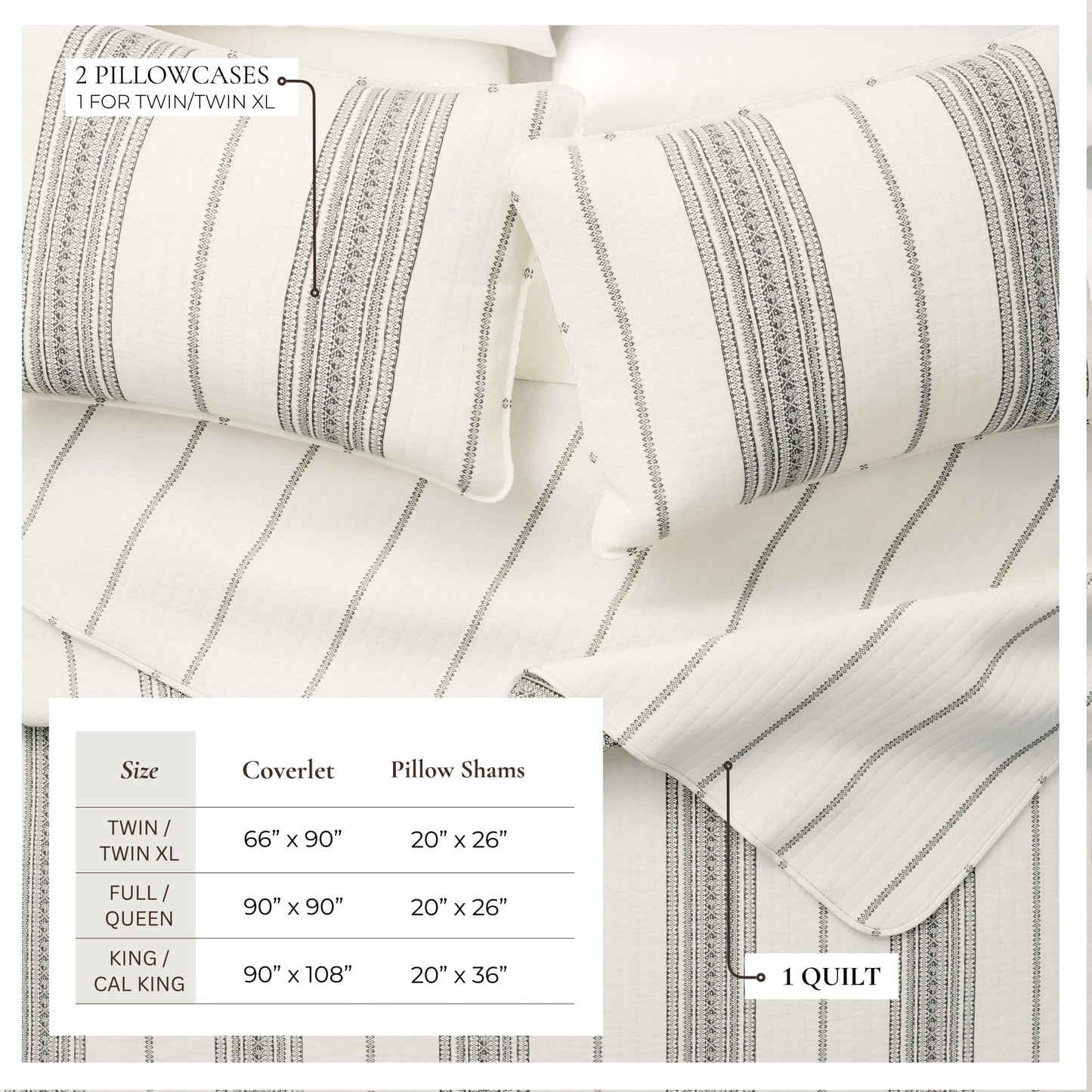 Great Bay Home Striped Quilt Set - 2-Piece Twin/Twin XL Size Farmhouse Bedding Set - Lightweight, All-Season, Reversible Bedspread (Cream/Grey)