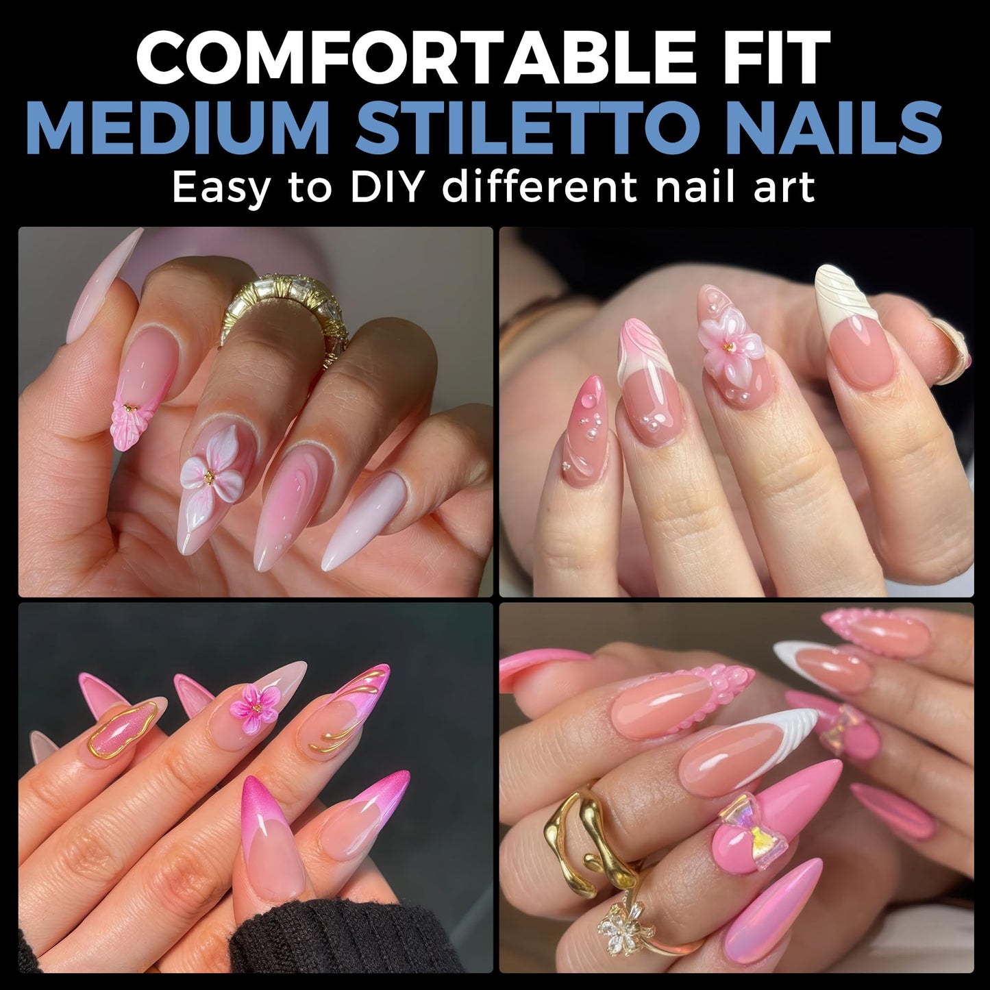 UNA GELLA Medium Stiletto Gel Nail Tips Full Cover 216Pcs Almond Shape Nails Tips Stiletto Pre etched Soft Gel Nails Clear Fake False Nail Tip For Home Art Salon 12 Sizes
