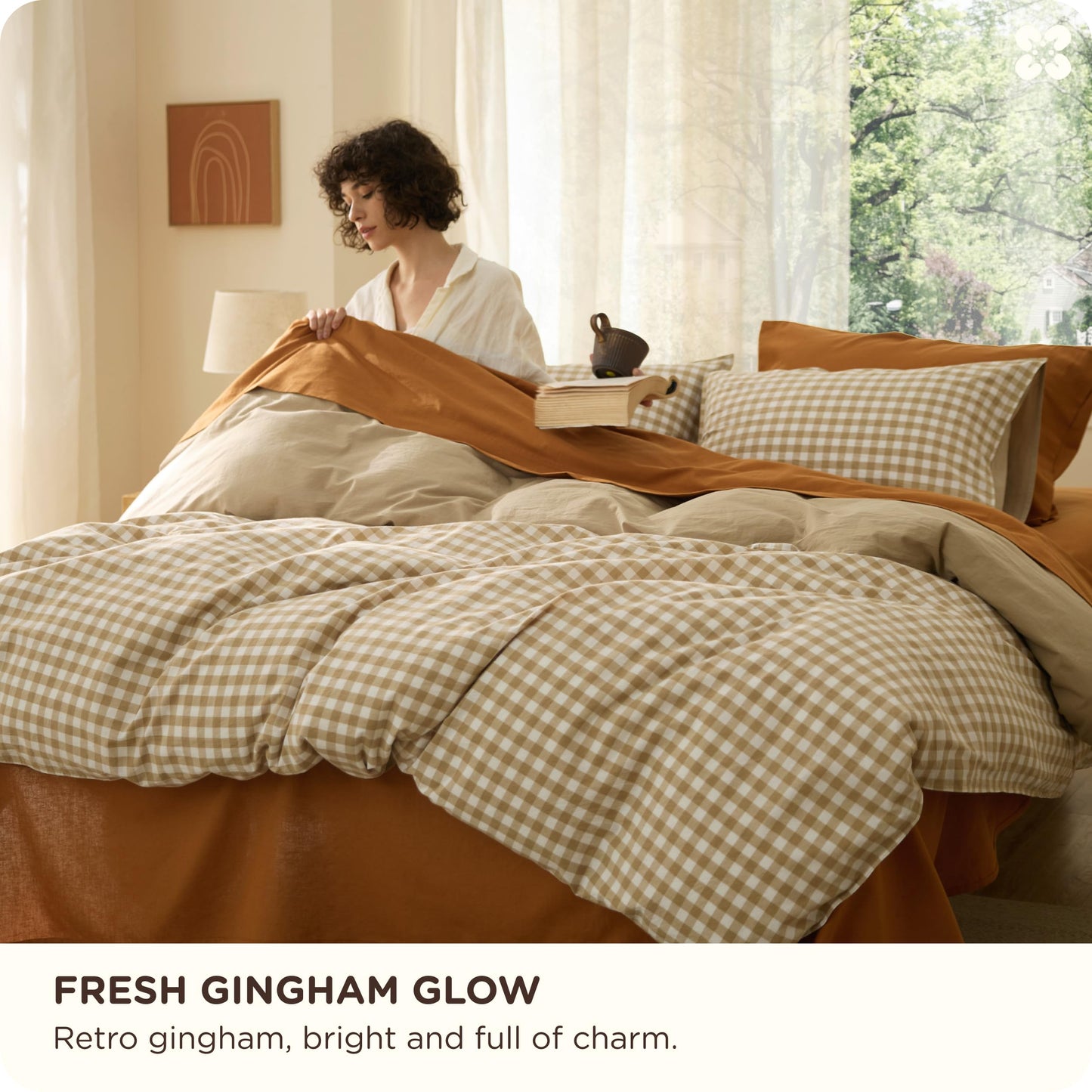 Bedsure Gingham Duvet Cover Queen Size, 100% Washed Cotton PureWoven Duvet Cover Linen Like Textured, Classic Yarn-Dyed Checkered Pattern Enhances Bedroom Comfort and Style, Gingham Khaki, 90"x90"