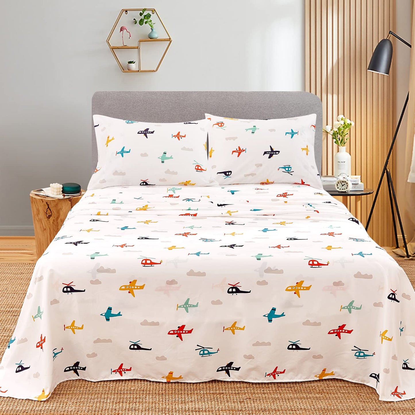 JSD Airplane Kids Sheet Set Twin Size, 3 Piece Soft Printed Microfiber Bed Sheets Deep Pocket