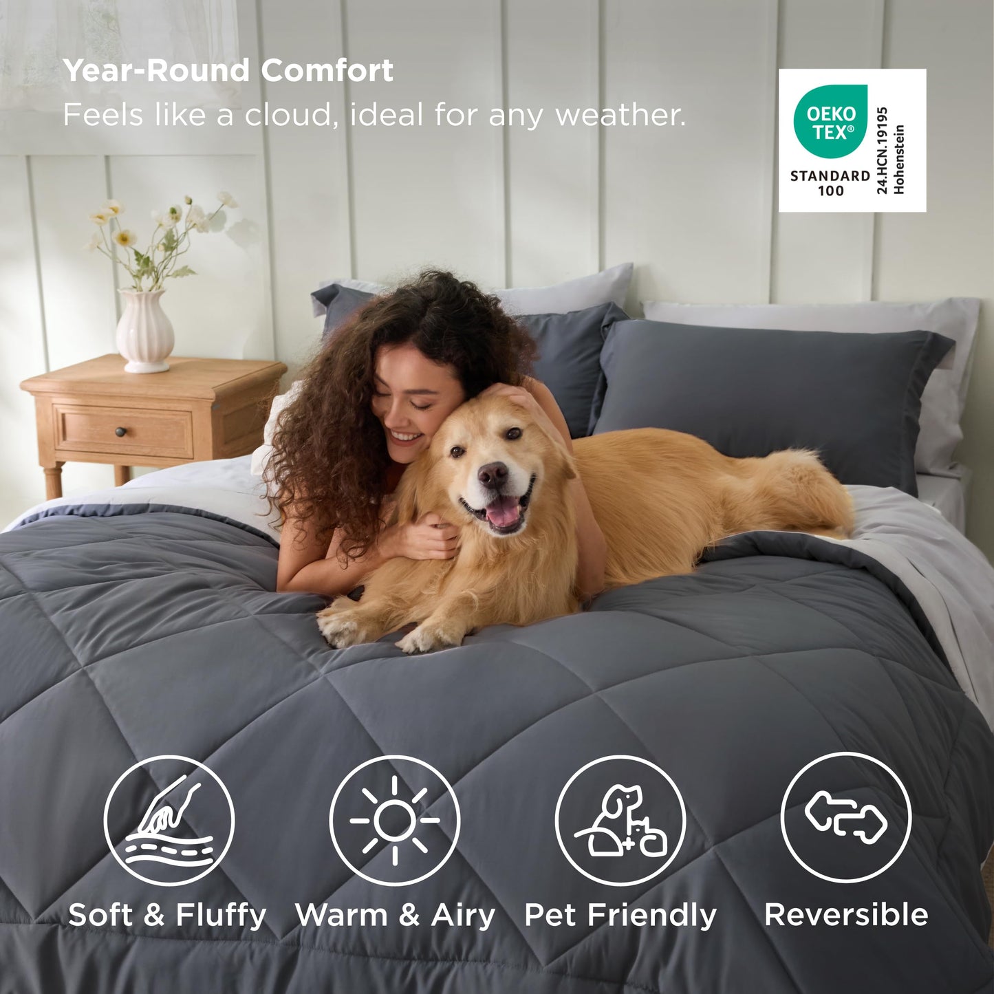 Bedsure Twin XL Comforter - 5 Pieces Reversible Dark Grey Bed in a Bag, Twin XL Bedding Comforter Set College Dorm Essentials with 1 Flat Sheet, 1 Fitted Sheet, 1 Pillowcase and 1 Pillow Sham