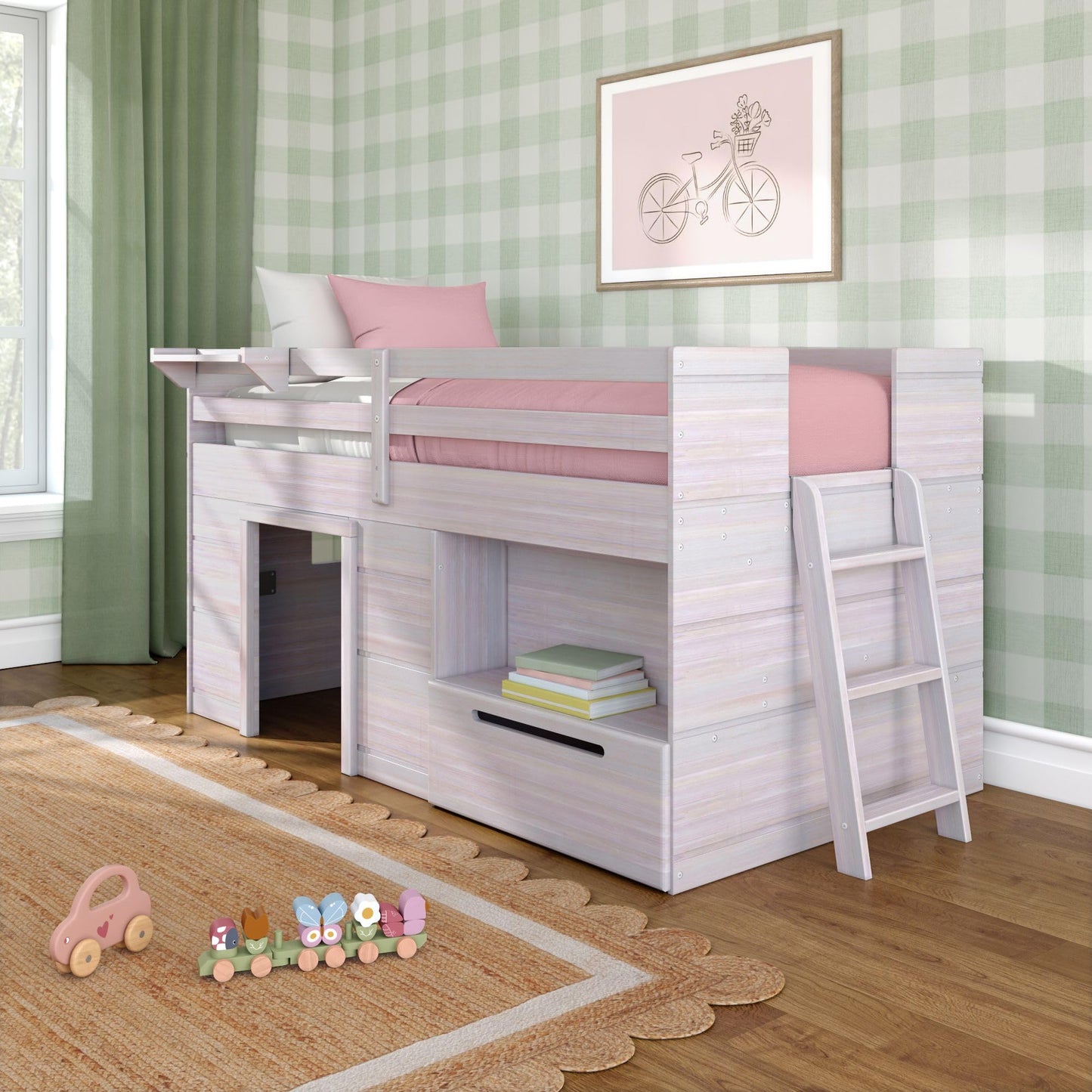 Max & Lily Modern Farmhouse Low Loft (Twin), with Storage Drawer, White Wash