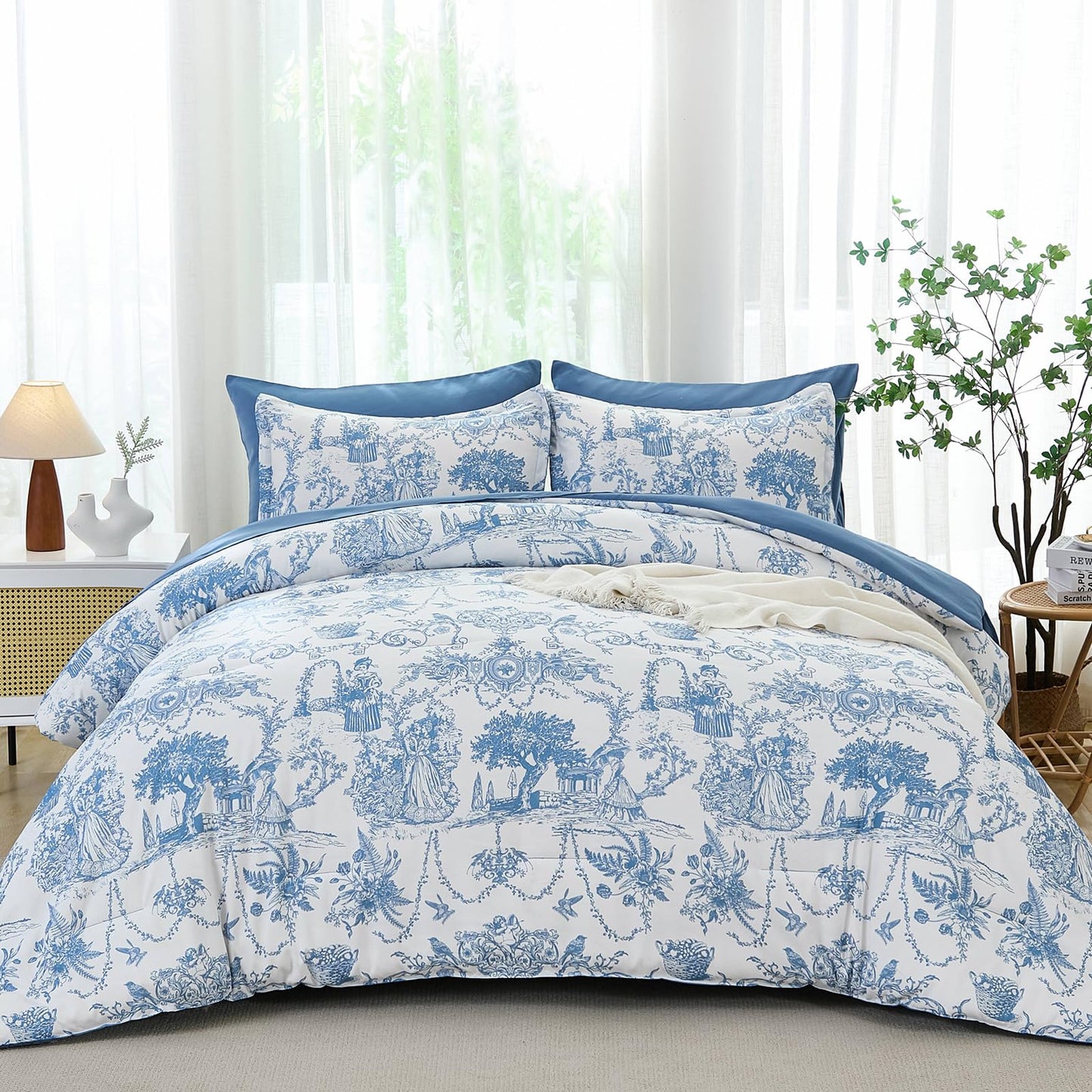 Blue Comforter Set Queen 7 Piece Bed in a Bag Toile de Jouy Botanical Comforter with Sheet Set Soft Micorfiber Bedding Set (1 Comforter,2 Pillow Shams,1 Flat Sheet,1 Fitted Sheet,2 Pillowcases)