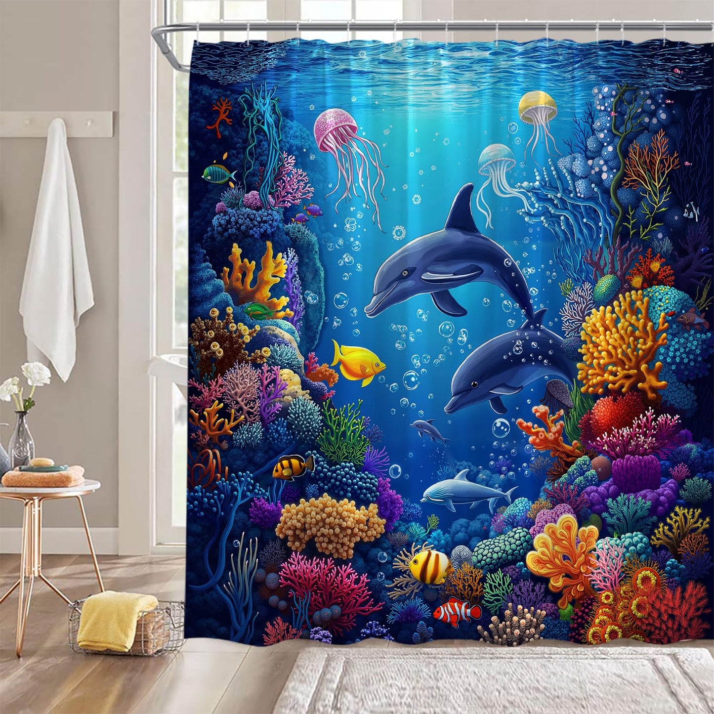 ZNLSU Underwater World Shower Curtain Blue Ocean Animal Dolphin Jellyfish Colorful Tropical Fish Sea Wildlife 70" WX70 H Bathroom Fabric Curtain with Hooks
