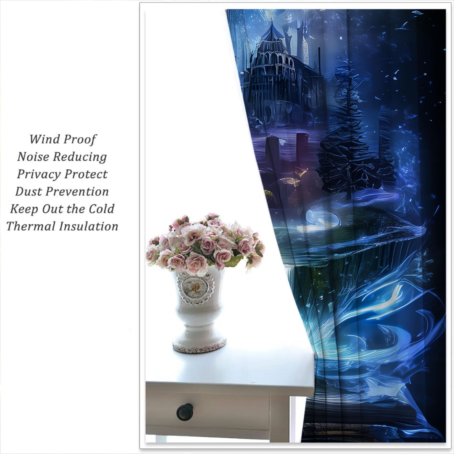 LHROOMJK Magic Castle Blackout Curtains for Boys Girl Bedroom Decor,Blue Aurora Mysterious Anime Style Thermal Insulated Rod Pocket Drapes Darkening Window Curtain for Living Room Home 42x63 inch