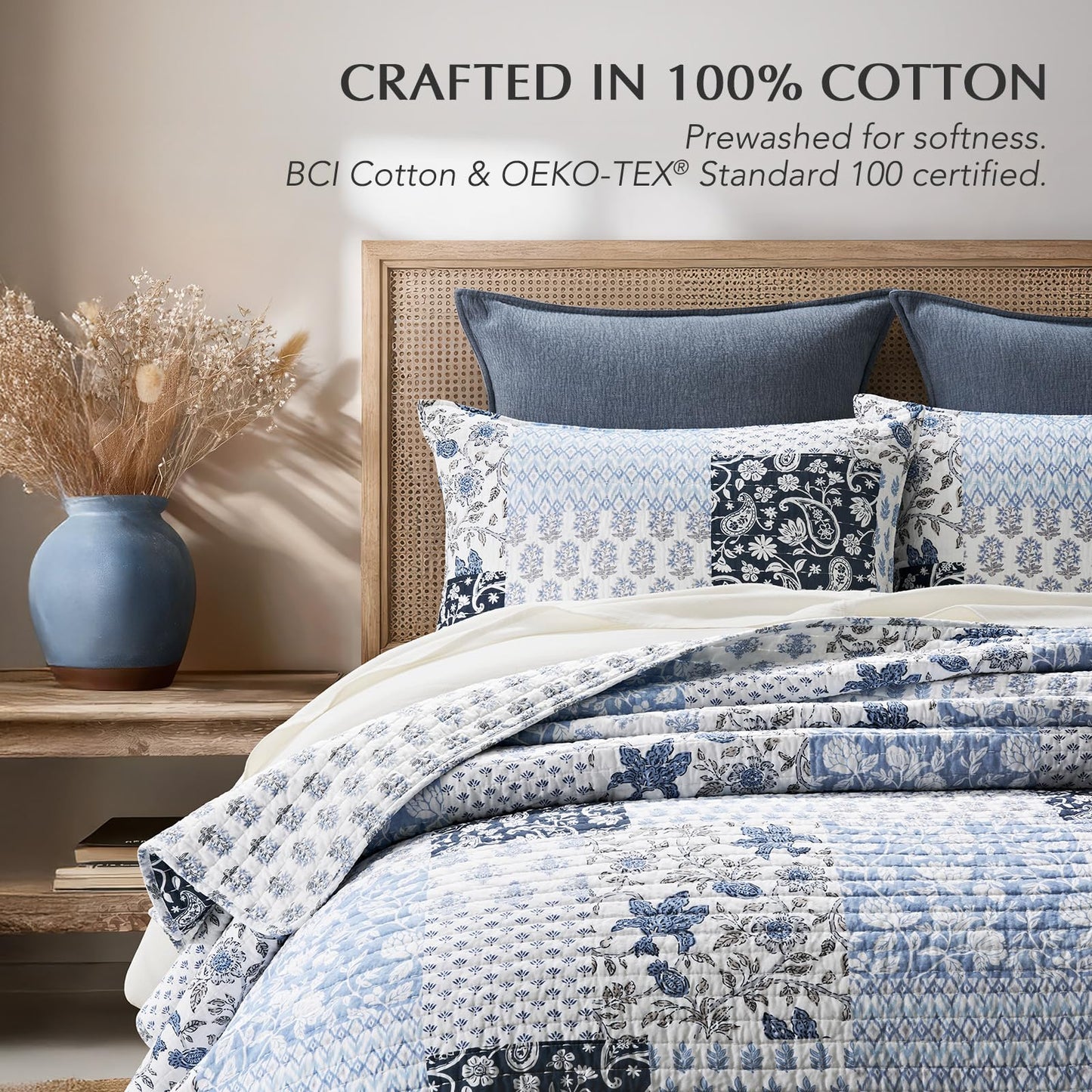EverGrace Cotton Quilt Set King Size,100% Cotton Reversible Lightweight Bedspread Coverlet, Printed Patchwork Farmhouse Bedding, Traditional Block Print Quilt with 2 Pillow Shams,Coastal Blue 110"×92"