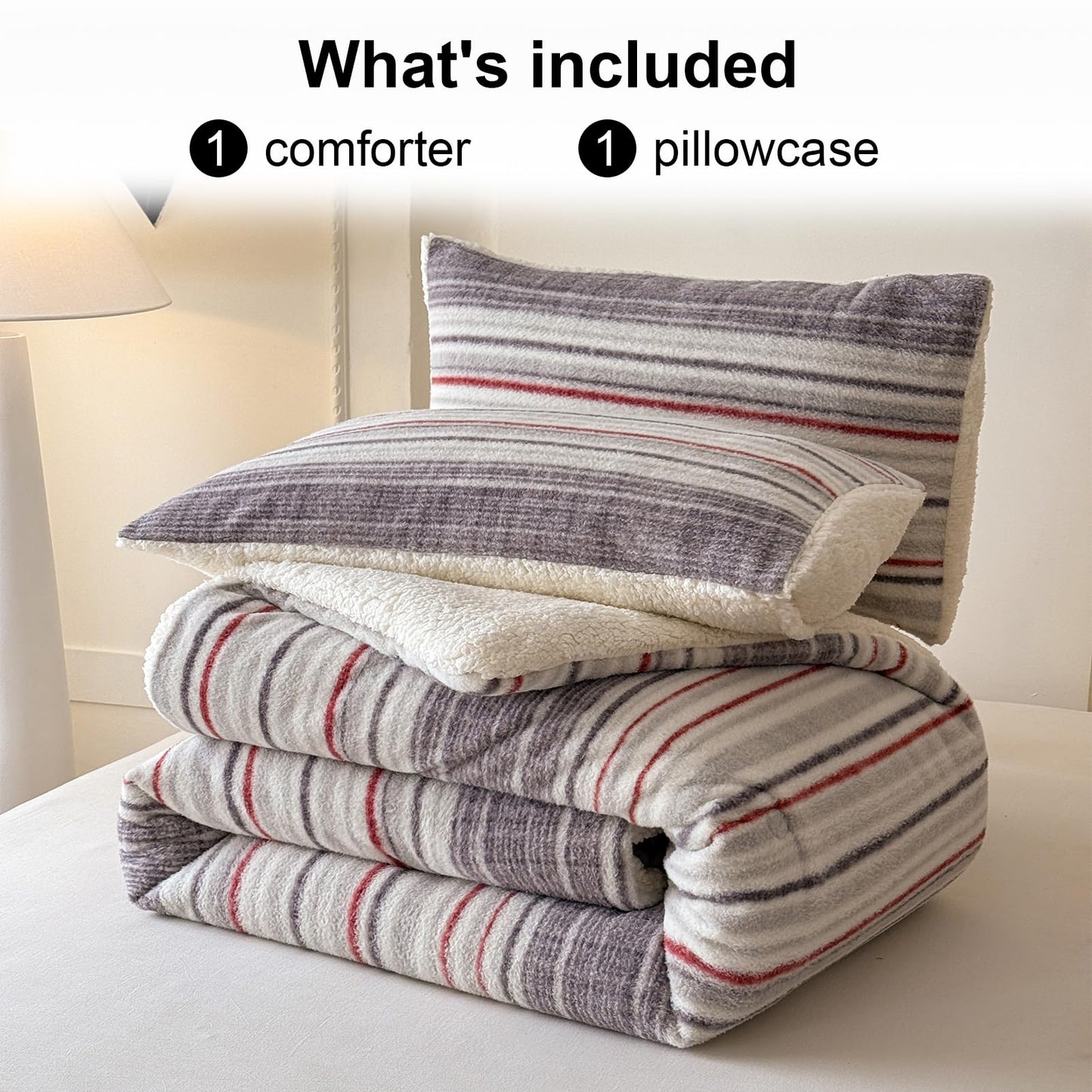 Cyusri Striped Sherpa Comforter Set 2Pcs Fluffy Warm Fleece Down Alternative, Grey Red Bedding Set with 1 Pillowcase, Twin Size 68"x90"