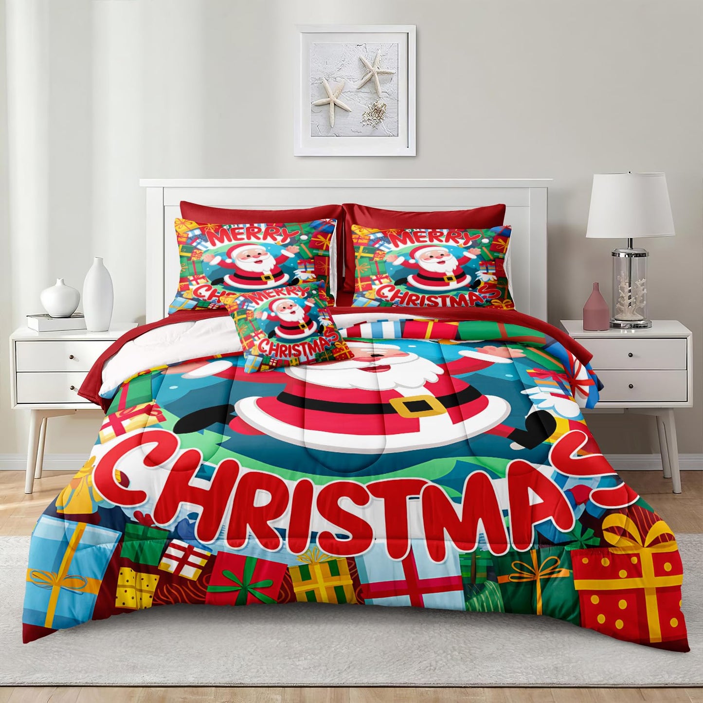 Bedding_Dreamer Santa Claus Comforter Queen Red Bed in a Bag 8 Pcs Christmas Bedding Merry Christmas Snowflake Home Decor with 1 Cushion Cover Soft and Lightweight