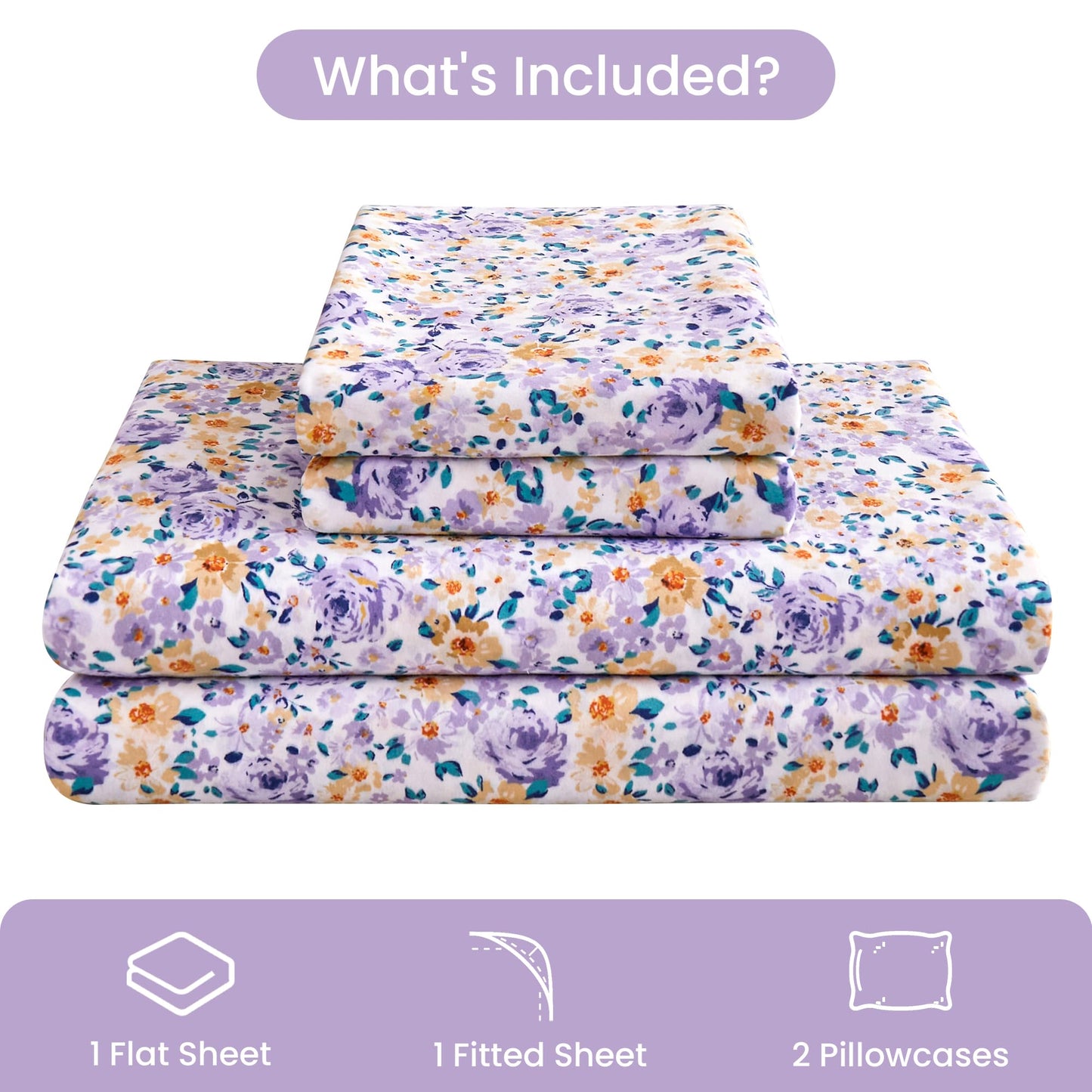 Mooreeke Floral Queen Bed Sheets, Soft Microfiber Printed Bedding Sheets & Pillowcases, Deep Pocket Non-Slip Vintage Queen Sheet, Purple Yellow Flower Pattern Bedsheets