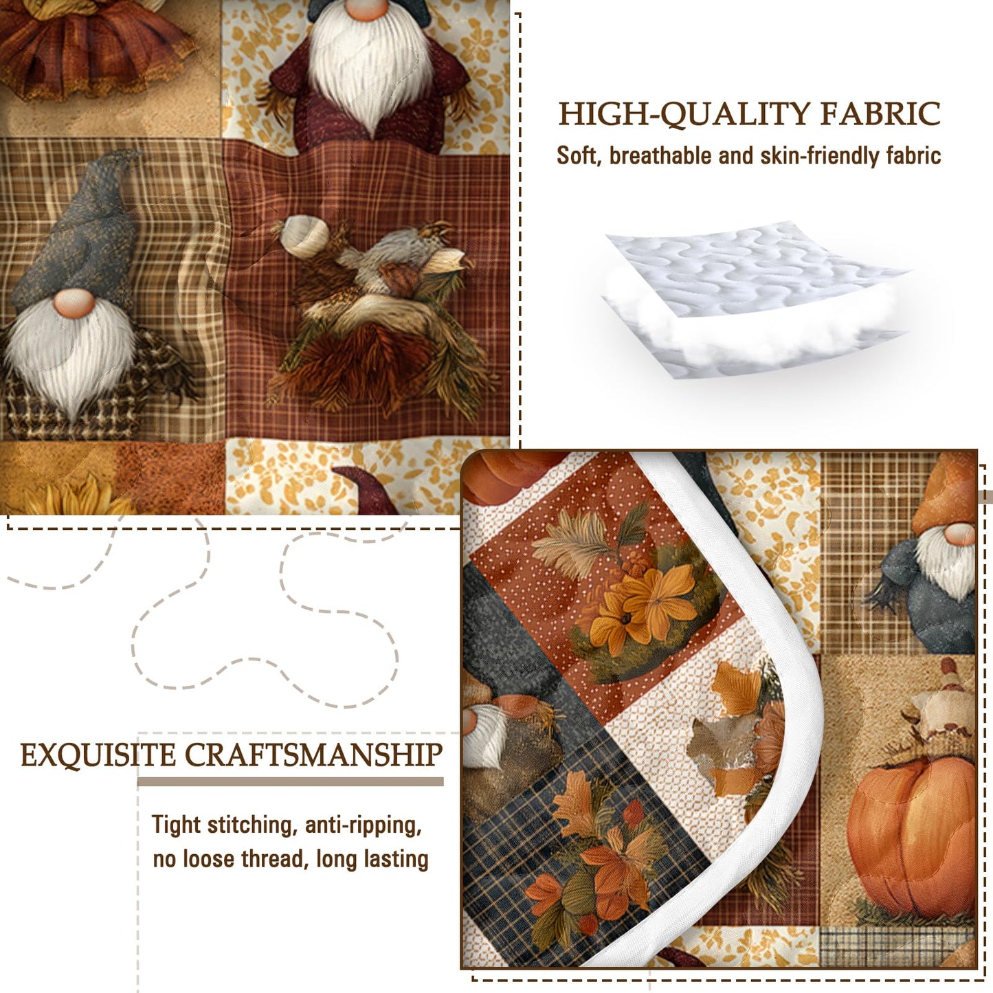 BlessLiving Fall Quilt Set King Size: Soft Microfiber Lightweight Elf Square Pattern Bedspread Coverlet for All Season, 3 Piece Autumn Comforter Set for Thanksgiving Bedroom Living Room