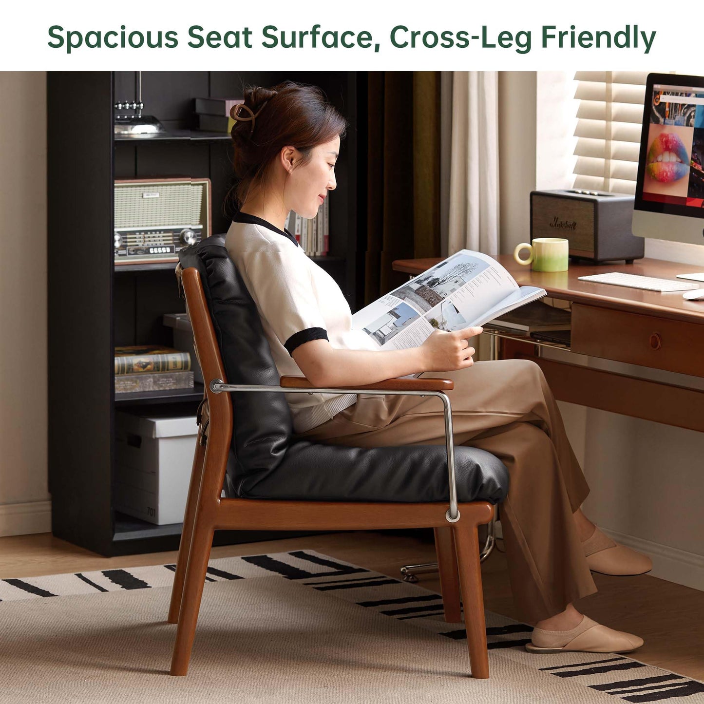 YESWOOD Solid Wood Armchair, Home Office Chair Mid-Century Bauhaus Soft Padded, Accent Chair for Office, Study, Living Room