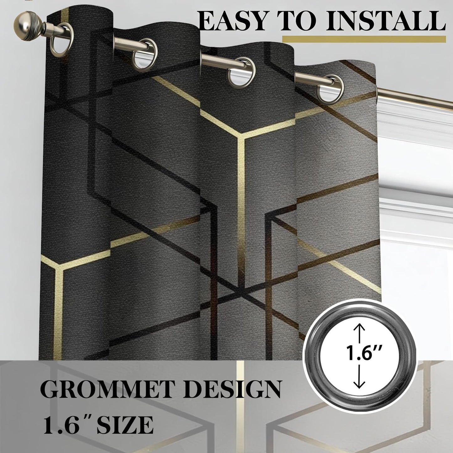 MBVZGUK Geometric Grey Room Darkening Curtains 84 Inch Long 2 Panels, Abstract Geometry Gold Foil Metallic Print Grommet Curtains & Drapes for Bedroom, Diamond Hexagon Window Treatments