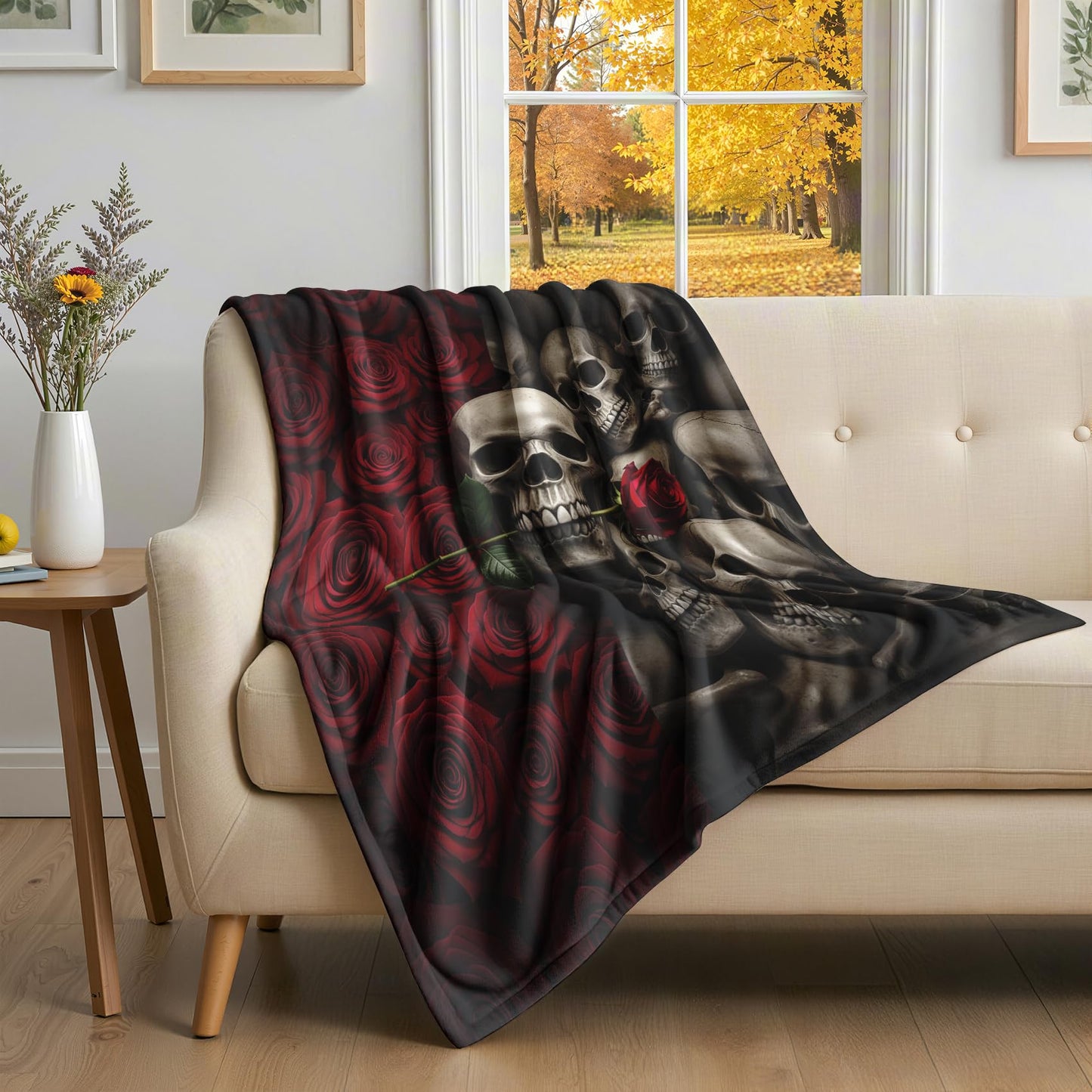 GEDAEUBA Skull Blankets for Adults - Gothic Skeleton Red Rose Fleece Blanket Throw, Soft Cozy Blankets & Throws for Couch, Bed, and Sofa, 50x60 inches