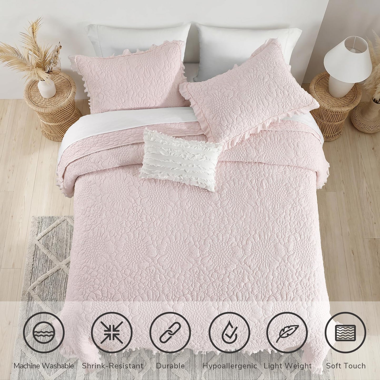 HORIMOTE HOME Pink Ruffled Quilt King Size, Stone-Washed Microfiber Lightweight Crinkled Farmhouse Rustic Shabby Chic Bedding Set, 3 Pieces Reversible Bedspread with Pillow Shams for All Season