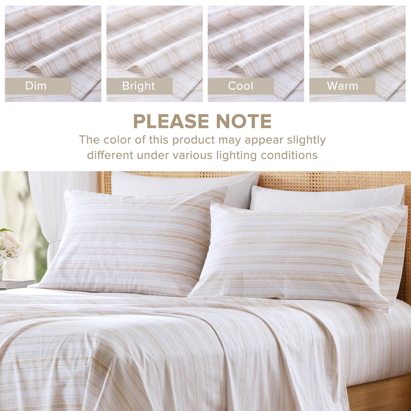 Comfort Spaces 100% Cotton Sheets Full, Breathable, Naturally Cool Cotton Sheets, Cotton Bed Sheets with 14" Elastic Pocket Fits up to 16" Mattress, All Seasons Sheet Set, Good Vibes Taupe 4 Piece