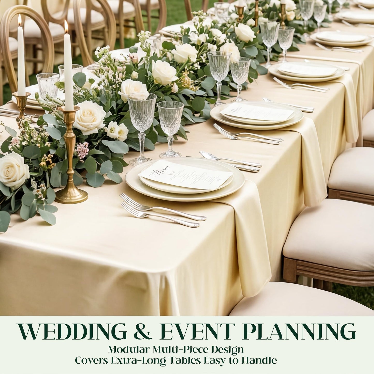 COSINIA 4 Pack Champagne Satin Tablecloth 58 x 102 Inches, Rectangular Satin Table Cloths for Wedding Reception, Birthday Party, Graduation & Holiday Banquet Tables