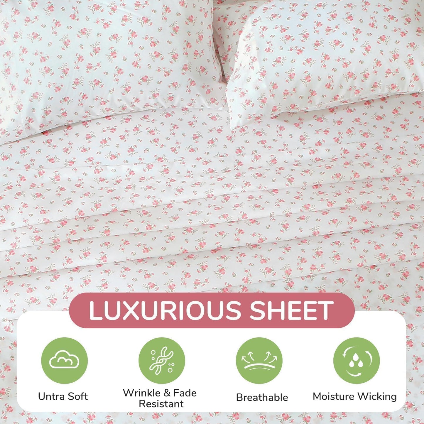 MUXHOMO King Size 4 Piece Sheet Set, Soft Breathable Bed Sheet Set for Bedroom with Deep Pocket Up to 16", Wrinkle-Free & Cooling Bedding for Oeko-TEX Certified - Blossoms Pink