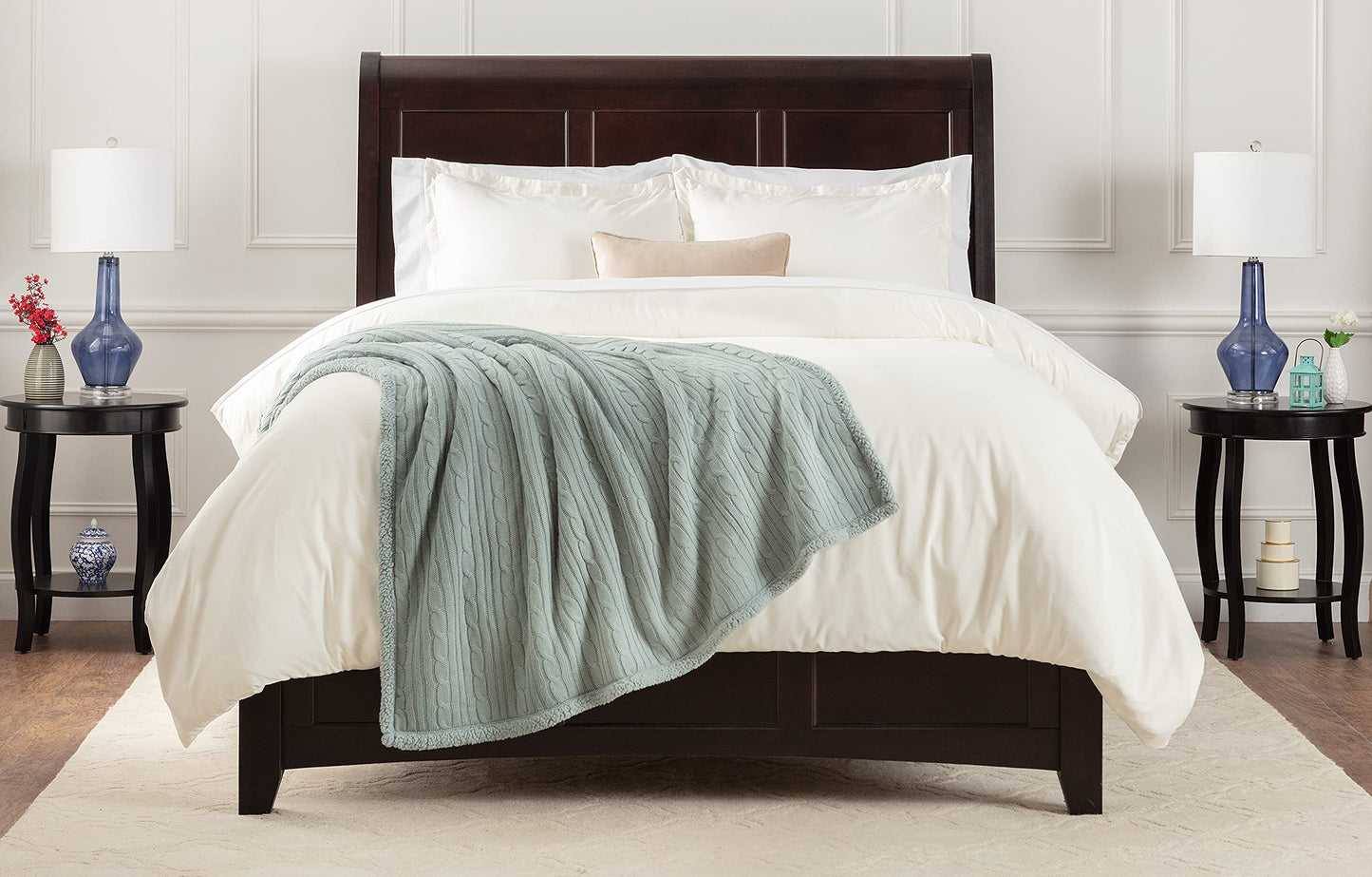 Chanasya Premium Cable Knit Throw Blanket - Soft and Cozy Throw Blanket with Plush Sherpa Side - 50" x 65” - Mint Green