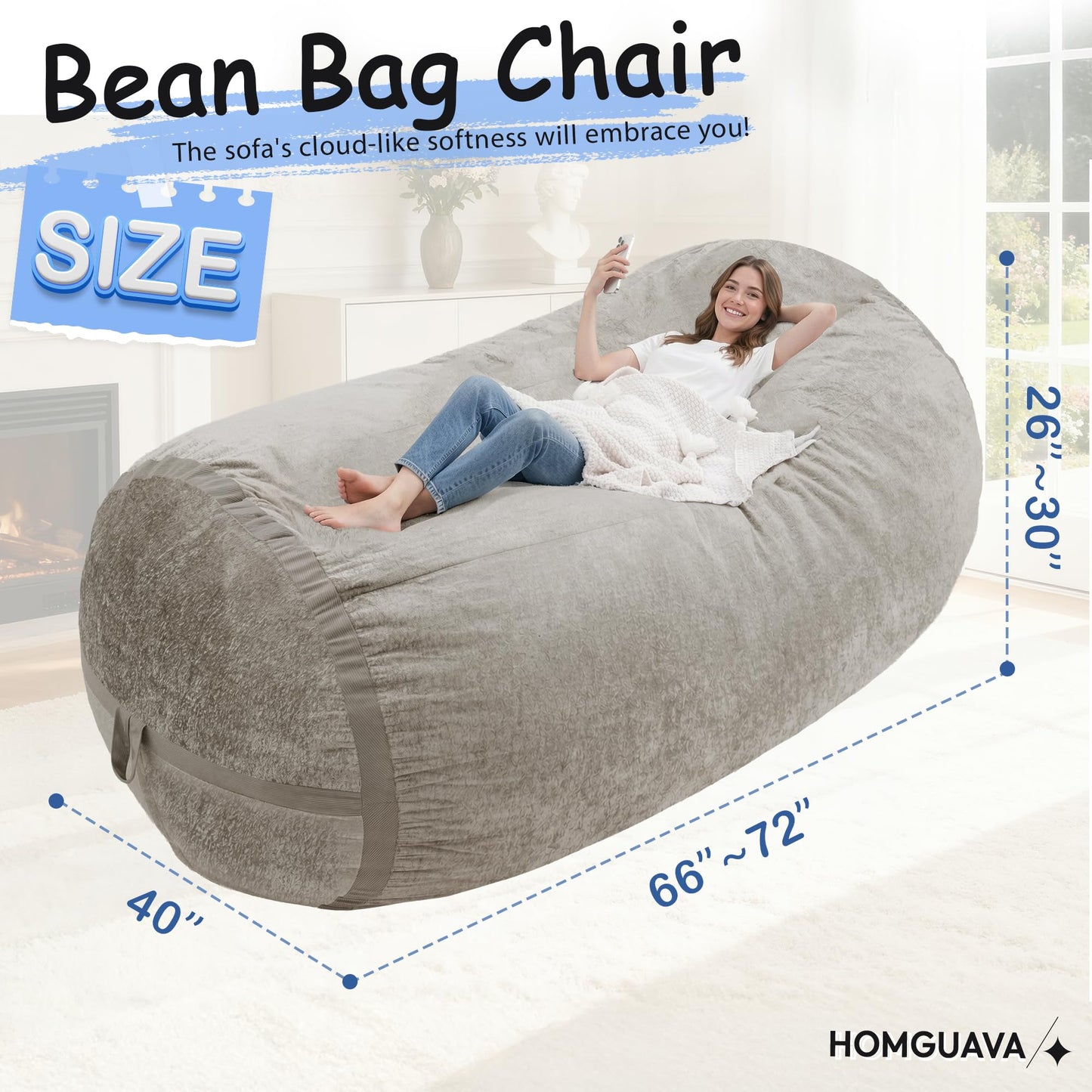 Homguava 6FT Bean Bag Chair Giant Bean Bag Chairs for Adults with Memory Foam Filled,Beanbag Chair with Soft Faux Fur Cover,Comfy Bean Bag Sofa Lounger for Living Room,Game Room,Bedroom