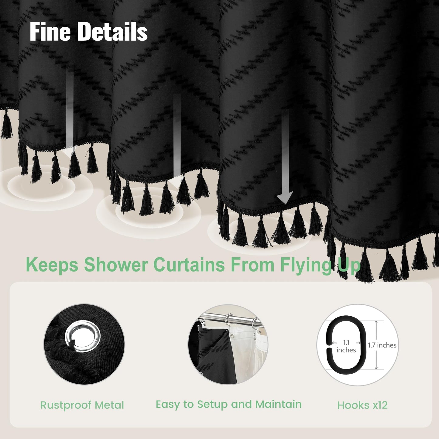 Dynamene Black Boho Shower Curtain and Liner Set, Farmhouse Fabric Shower Curtain and Waterproof Clear Liner, Tufted Chevron Striped Textured Tassel Shower Curtains for Bathroom with 12 Hooks, 72x72