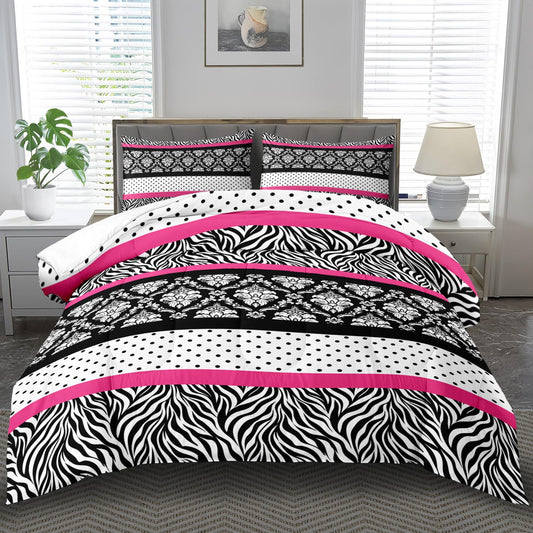 llyxsesty Zebra Print Comforter Set Queen,Pink Polka Dot Bedding Set,Vintage Floral Quilt for Women,Pink and Black Comforter Bedroom Decor,Mid Century Modern Bedding,Paris Themed Bedroom Decor