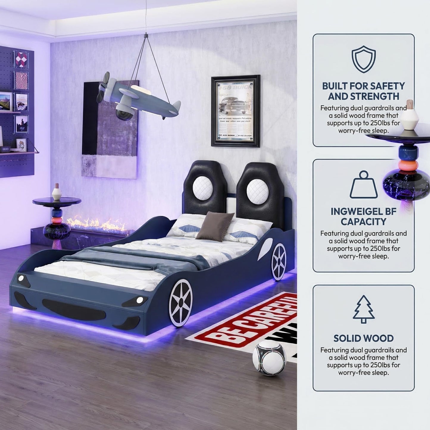Bellemave Wood Twin Size Race Car-Shaped Platform Bed with LED and Upholstered Backrest, Platform Bed Frame with Race Car-Shaped and Safety Guardrails (Blue)