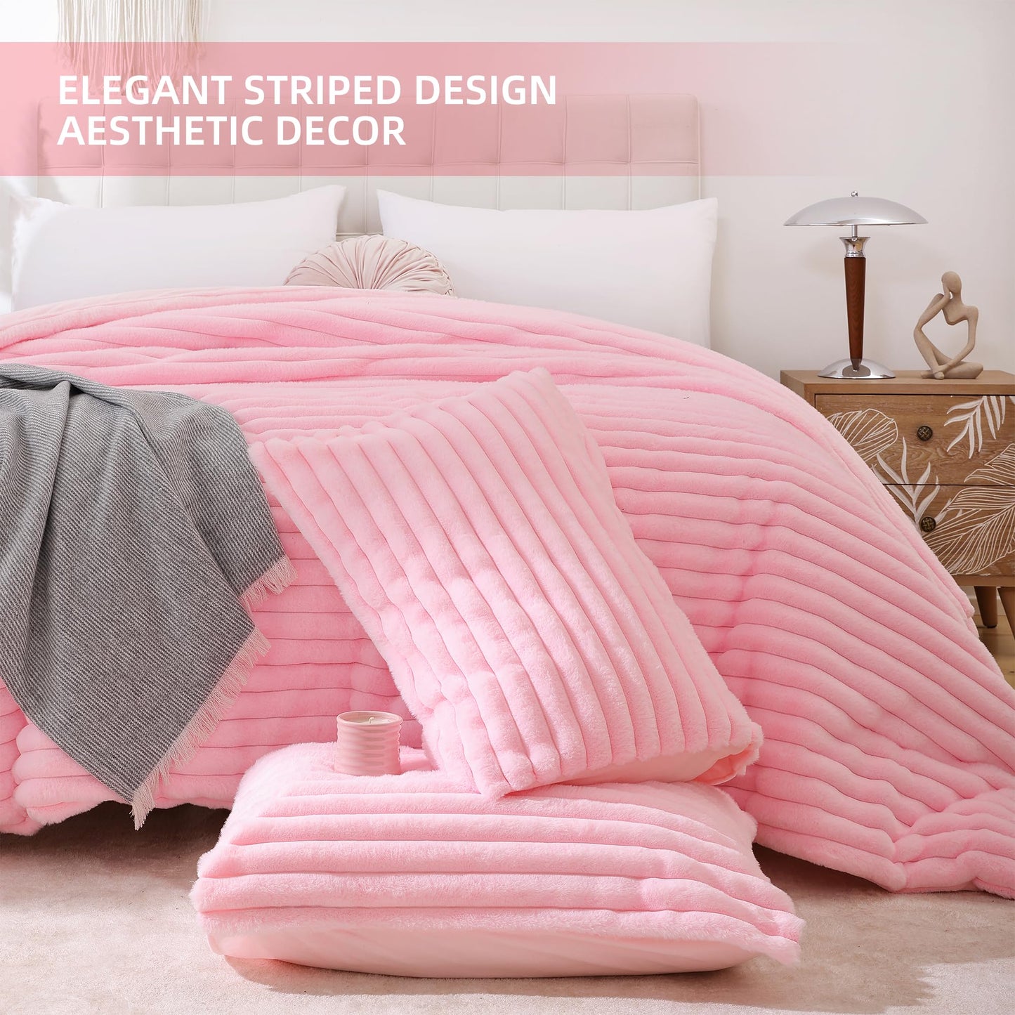 Smoofy Fluffy King Size Comforter Set 3 Pieces - Pink Fleece Fluffy Comforter Set, Luxury Fuzzy King Bedding Set, Soft King Bed Set All Season, Heavy Faux Fur Comforter with 2 Pillow Cases