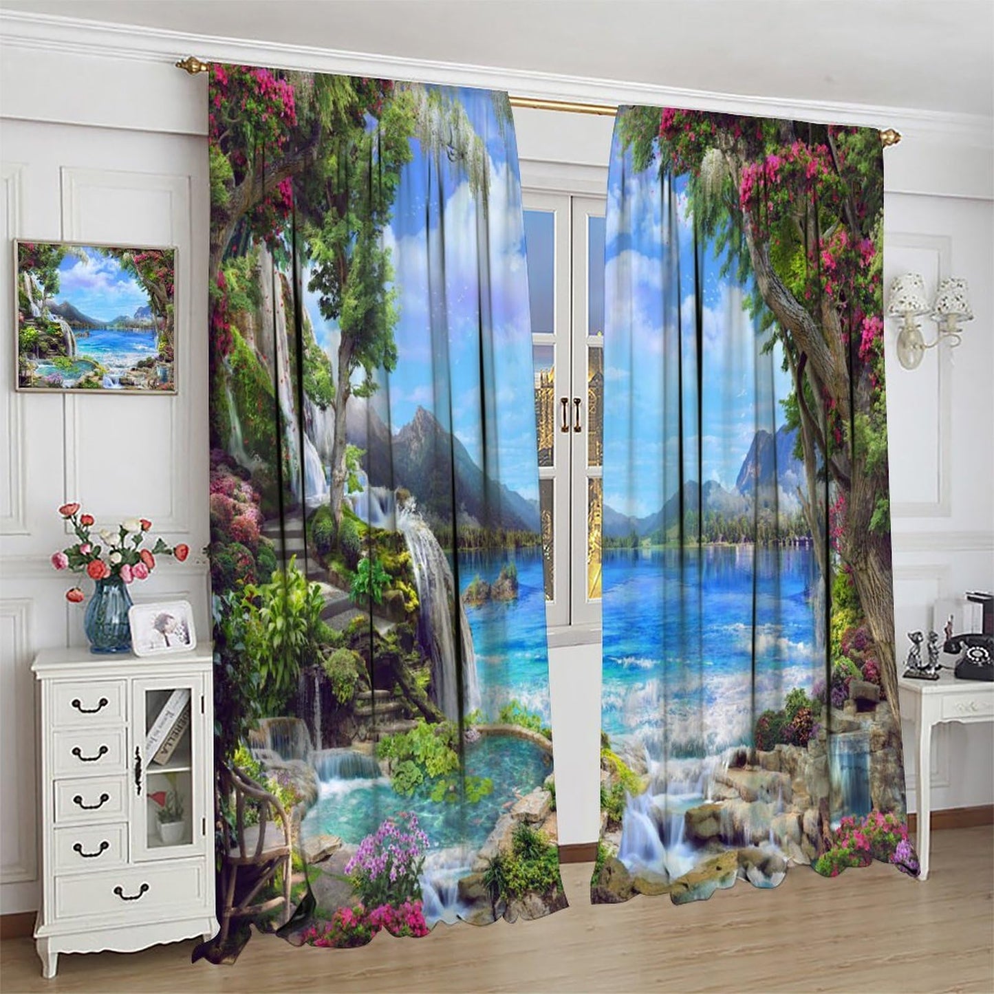 Forest Landscape Curtains, Nature Waterfall Scenery Floral River Falls Style Window Drapes, for Living Room Bedroom 42" W X 45" L (Decorative)