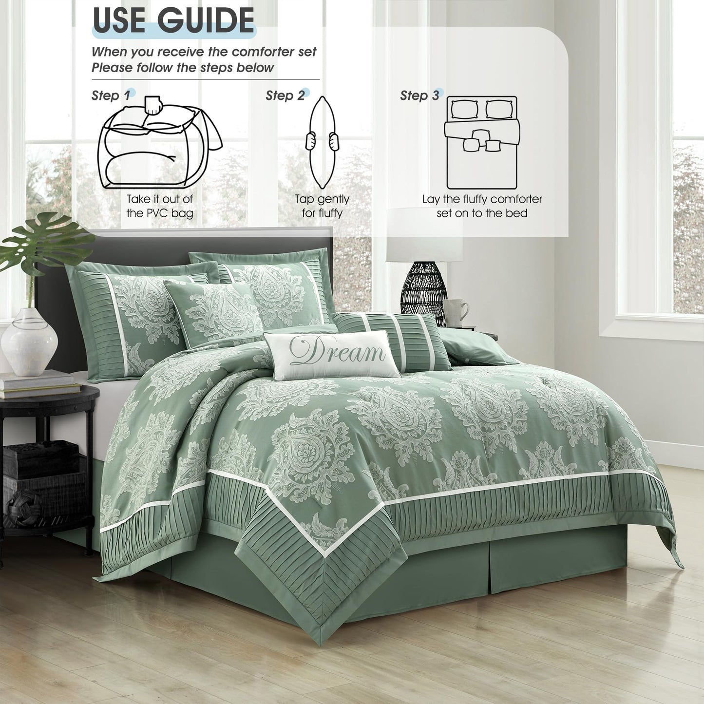 LANCO MODERN LIFESTYLE Sage Queen Comforter Set 7 Pieces, Jacquard Woven with Damask, Bedding Set in a Bag Includes Comforter, Bed Skirt, Pillow Shams, and Decorative Pillows
