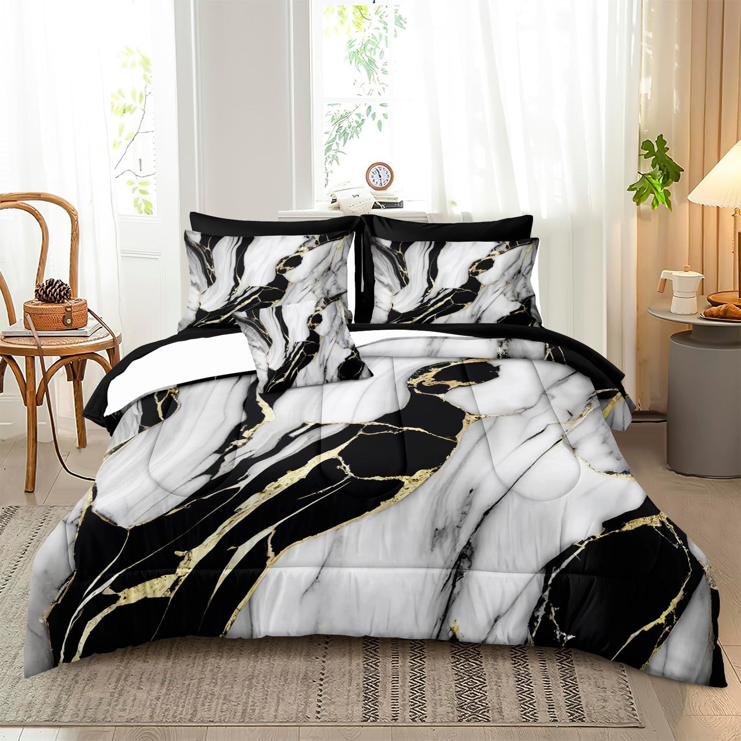 Bedbay Marble Bedding Queen Size Black and Gold Comforter Set 8 Pcs Queen Bed in a Bag Gold Metallic Marble Print Luxury Bedding 1 Comforter 4 Pillowcases 1 Flat Sheet 1 Fitted Sheet 1 Cushion Cover