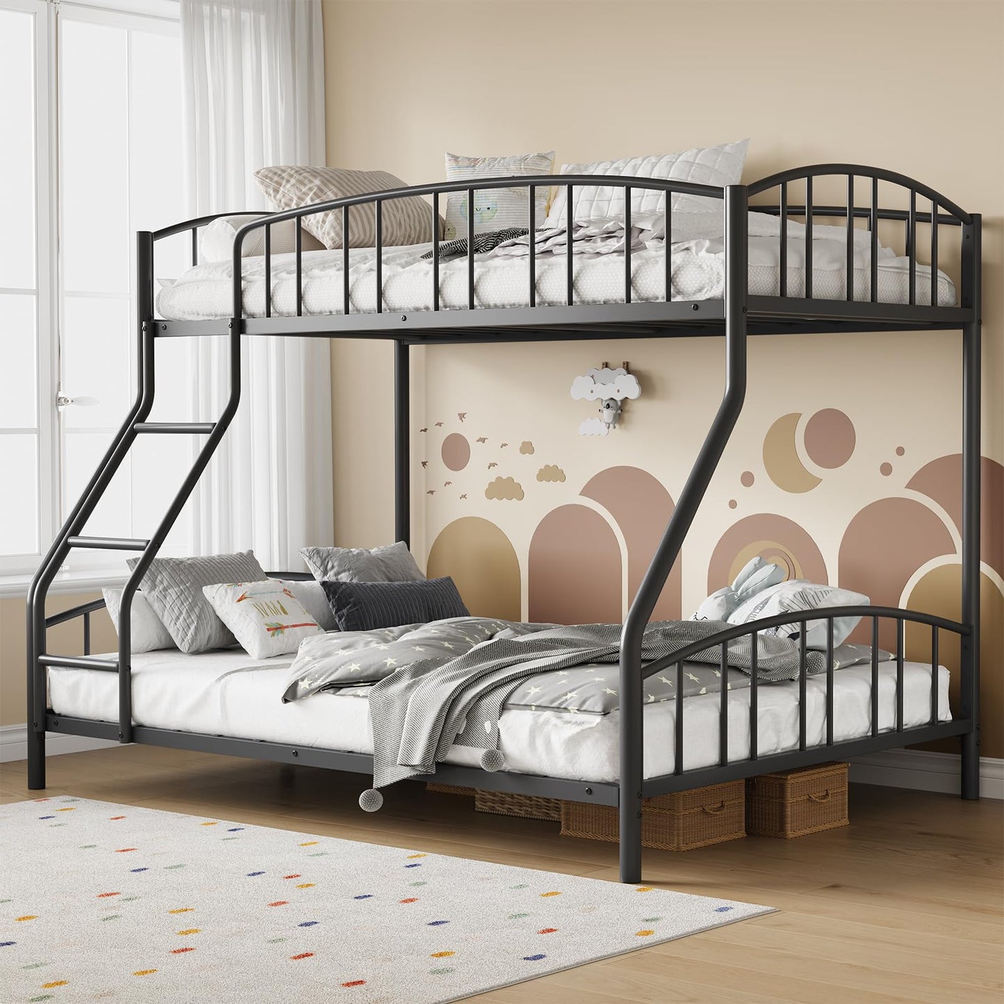 Garvee Bunk Bed Twin Over Full with Ladder and Arched Guardrail, Heavy Duty Bunkbeds Frame with Sturdy Steel Slats Support for Kids Boys Girls, Space-Saving, No Box Spring Needed, Black